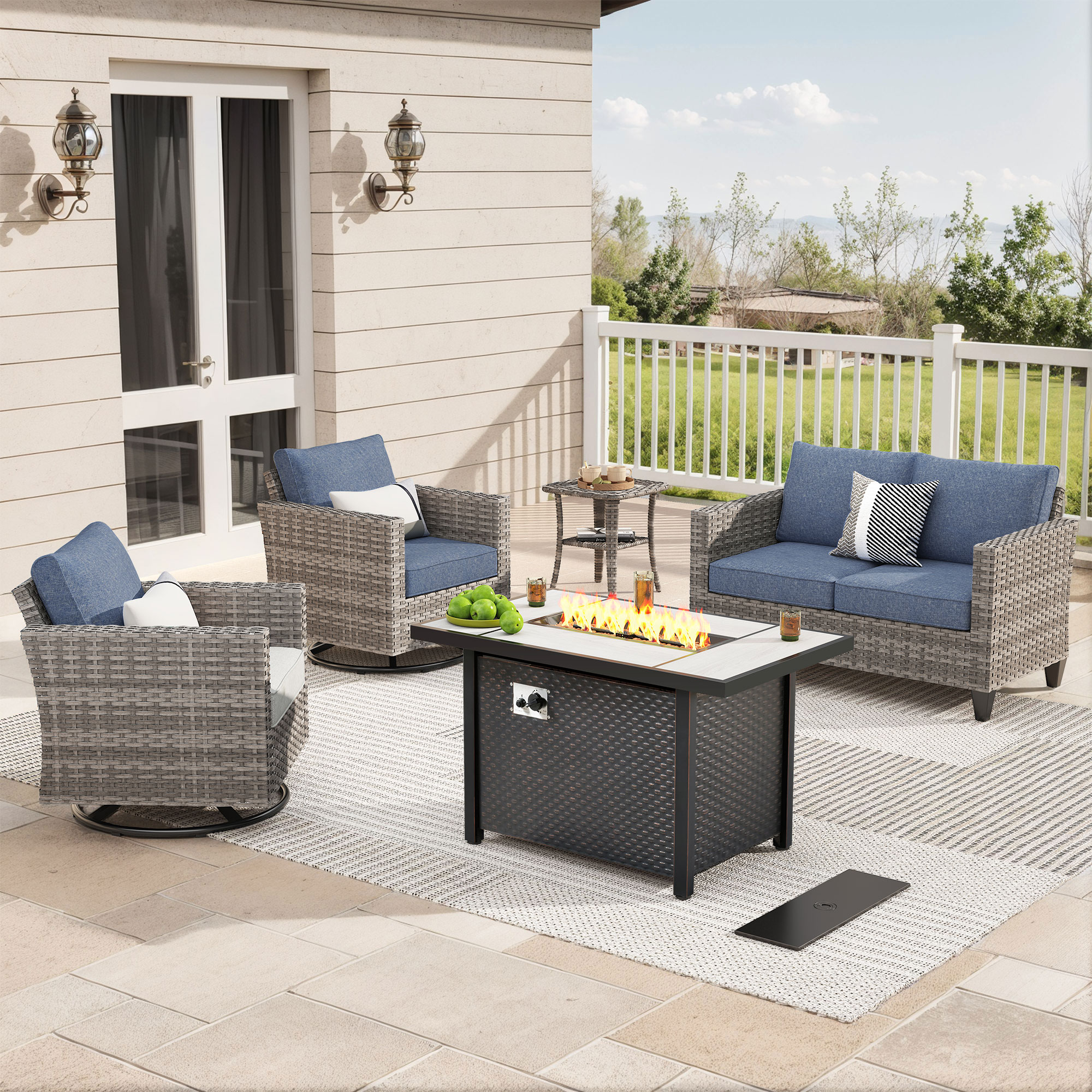 Pouuin STFP-YZGRS305 5 -Piece Wicker Patio Conversation Set with Blue Cushions