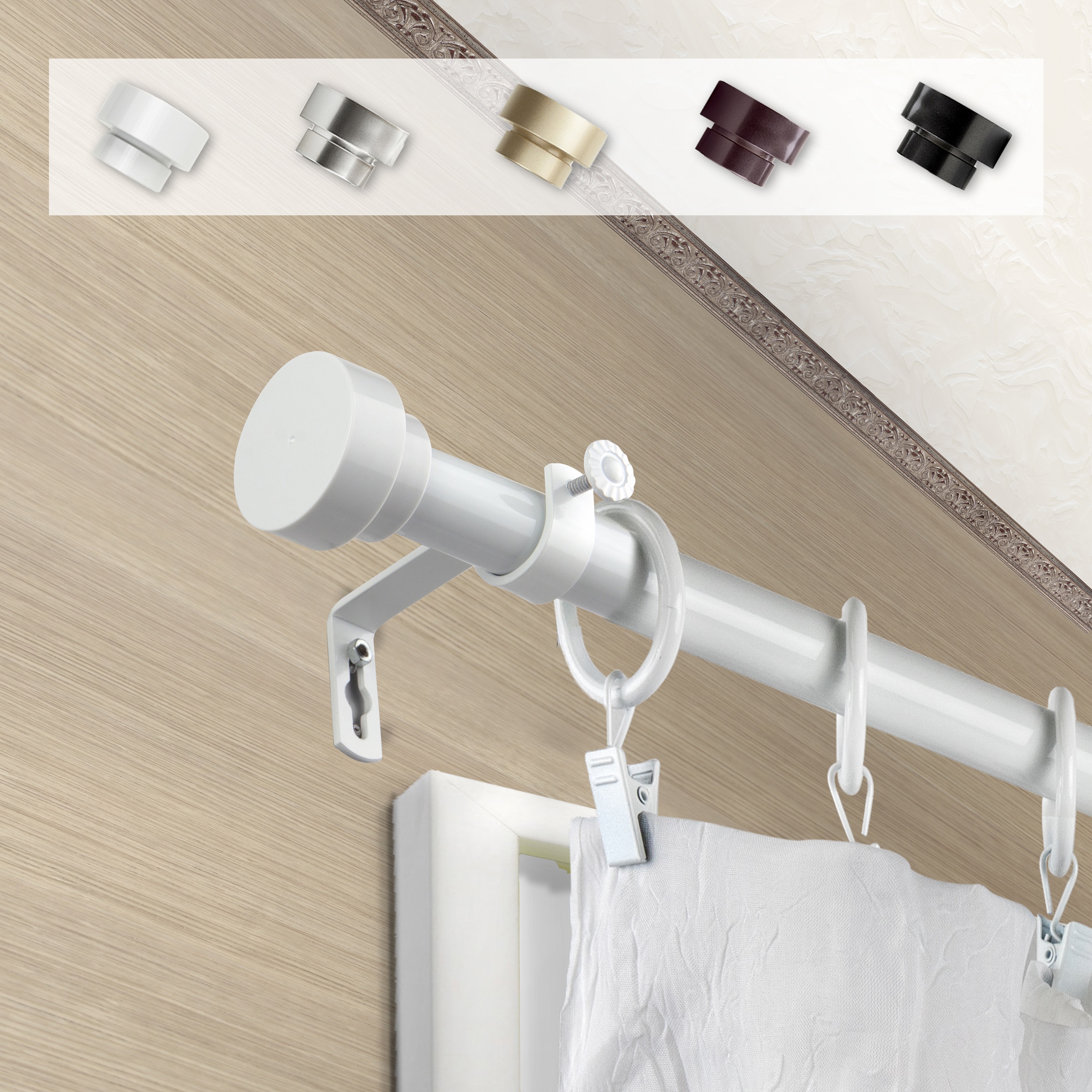 Hart & Harlow L-100-37-181 Cap 1-in 18-in to 28-in White Steel Single curtain rod with Finials