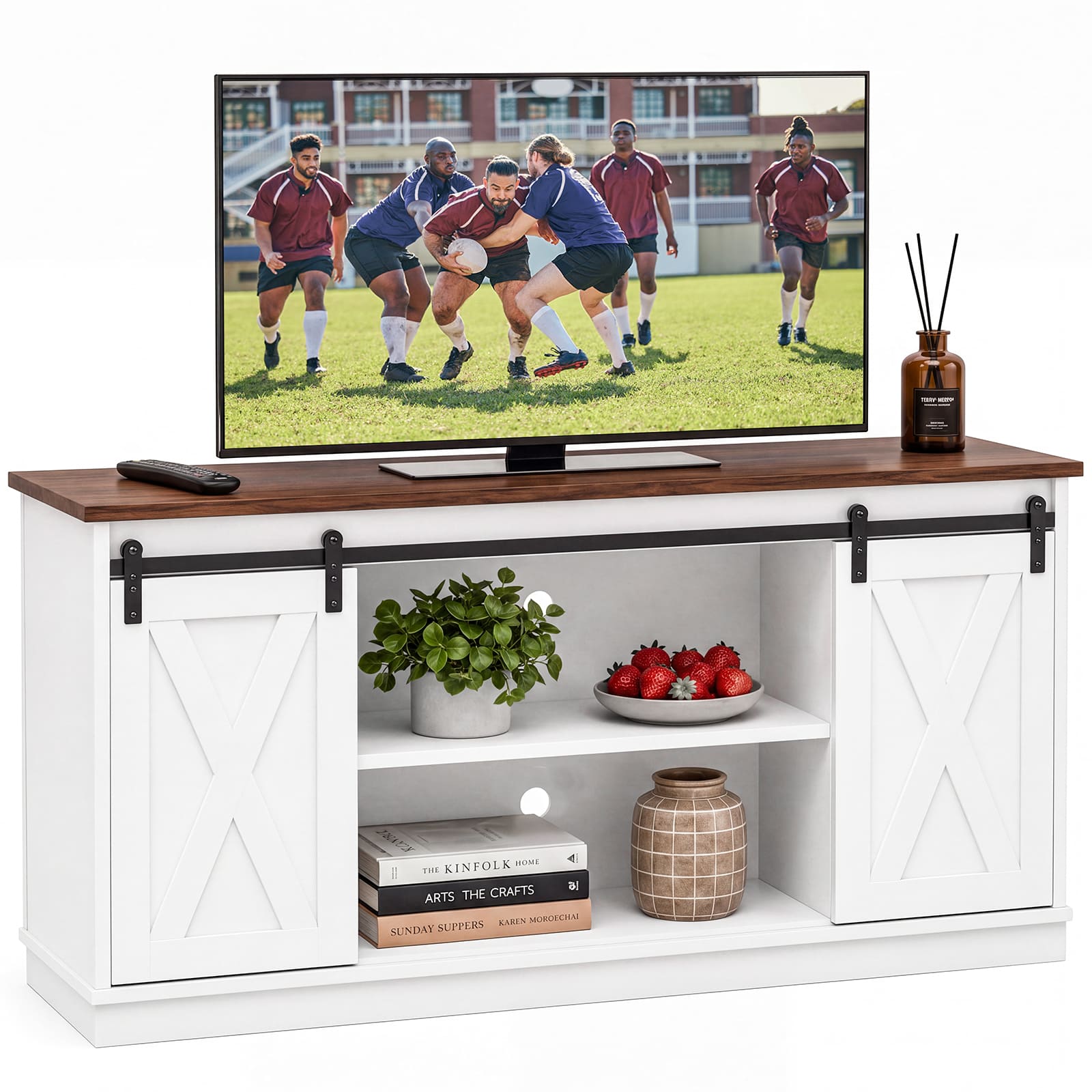 Sweetcrispy - White 58-in W Farmhouse TV Stand with Storage and Sliding Doors for TVs up to 65-in