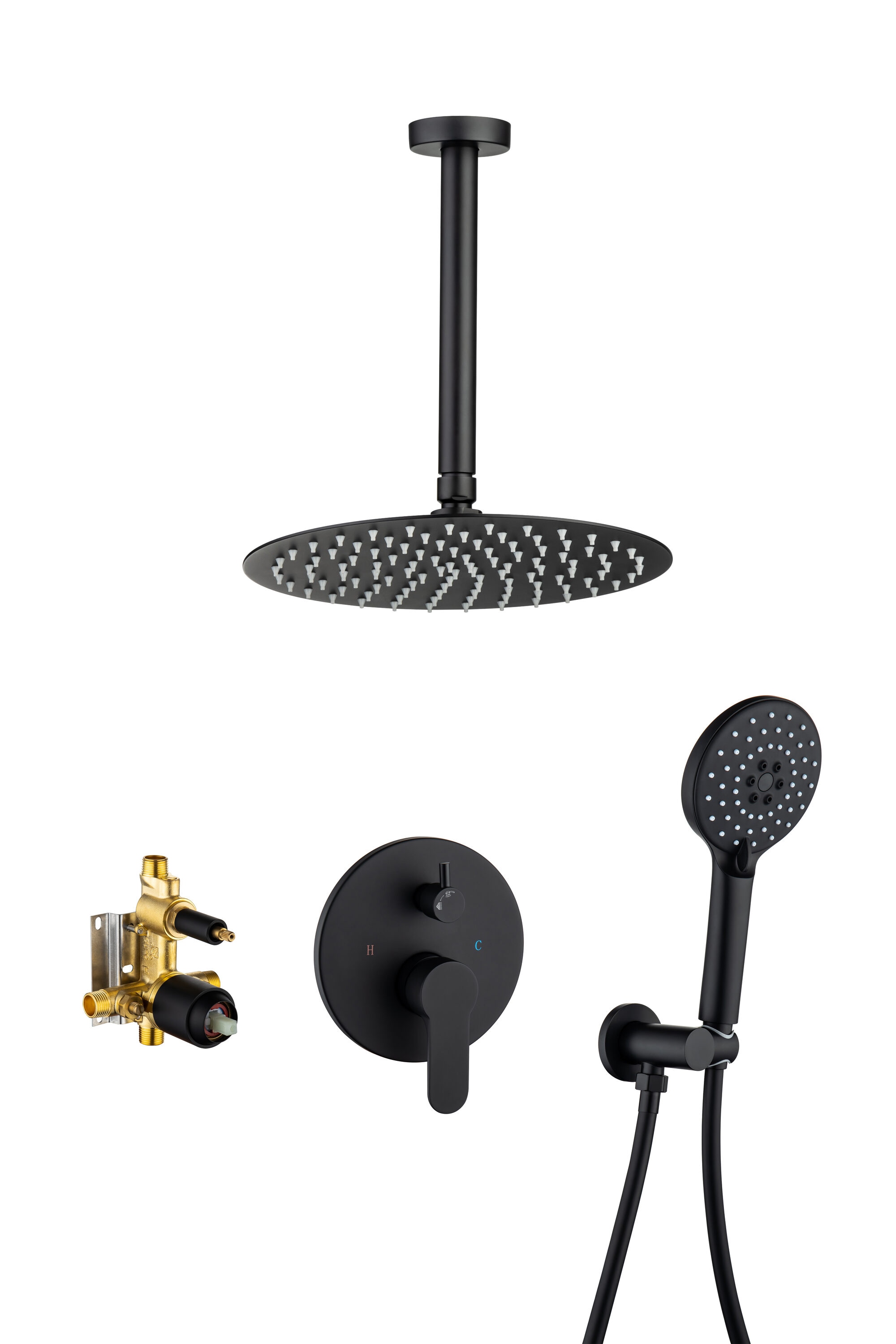 WELLFOR DTG-009BFMB ZG Ceiling Mount Shower Faucet Matte Black 10-Inches Waterfall Dual Head Built-In Shower Faucet System with 2-way Diverter ( Ceramic Disc Valve Included )