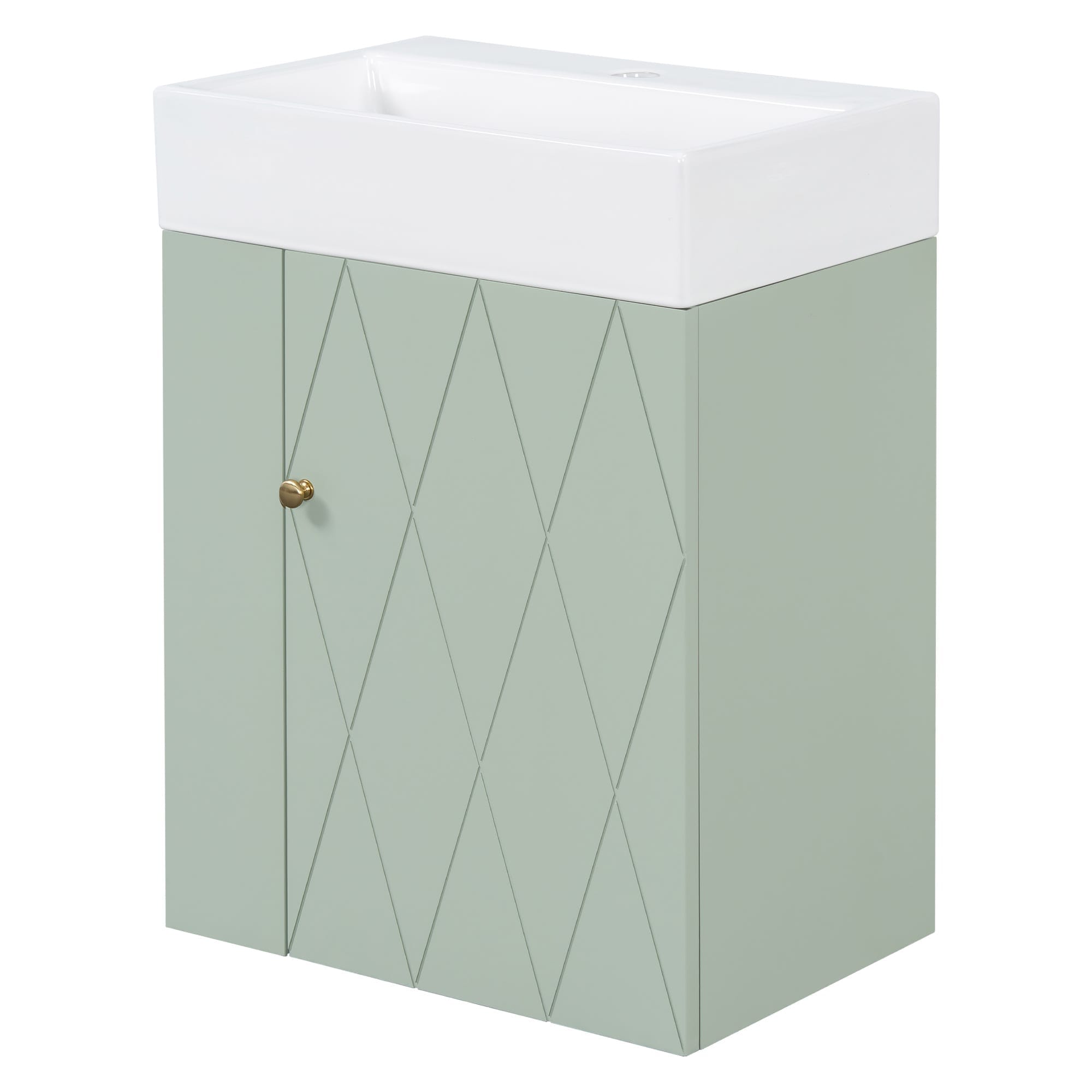 Rbied 20-in Bathroom Vanity with Ceramic Sink Diamond Pattern Door Gold Handle Side Shelves Towel Bar MDF Green