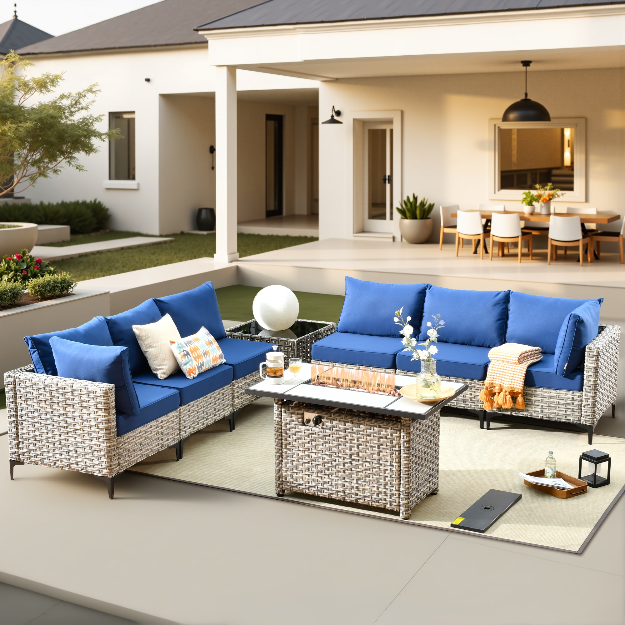 Pouuin RFPSKT708 Wicker Outdoor Sectional with Navy Cushions and Wicker Frame