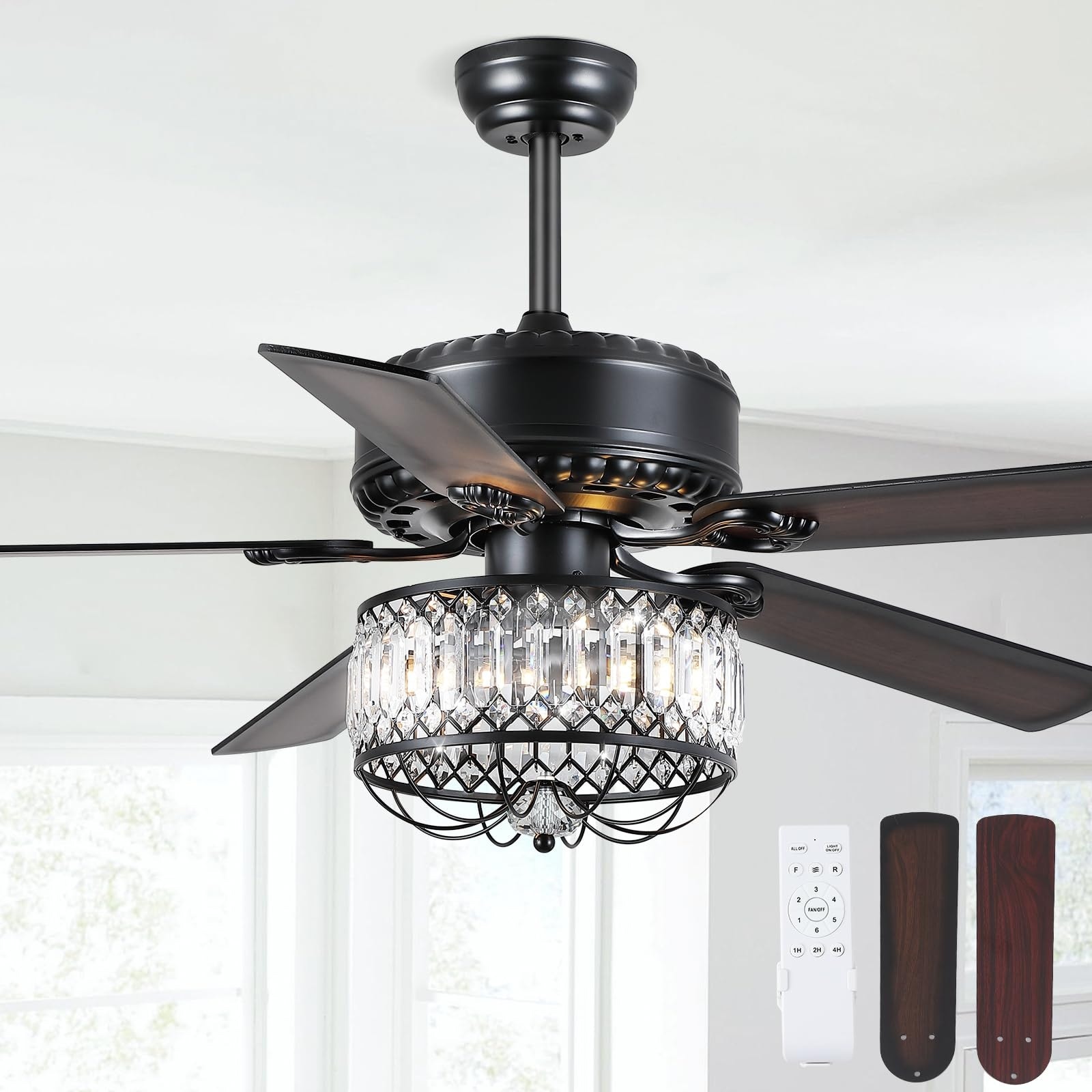 Gleam Flare 52 Inches Modern Crystal Ceiling Fan Chandelier with Remote 2 Bulbs Reversible DC Motor 5 Plywood Blades Energy Saving