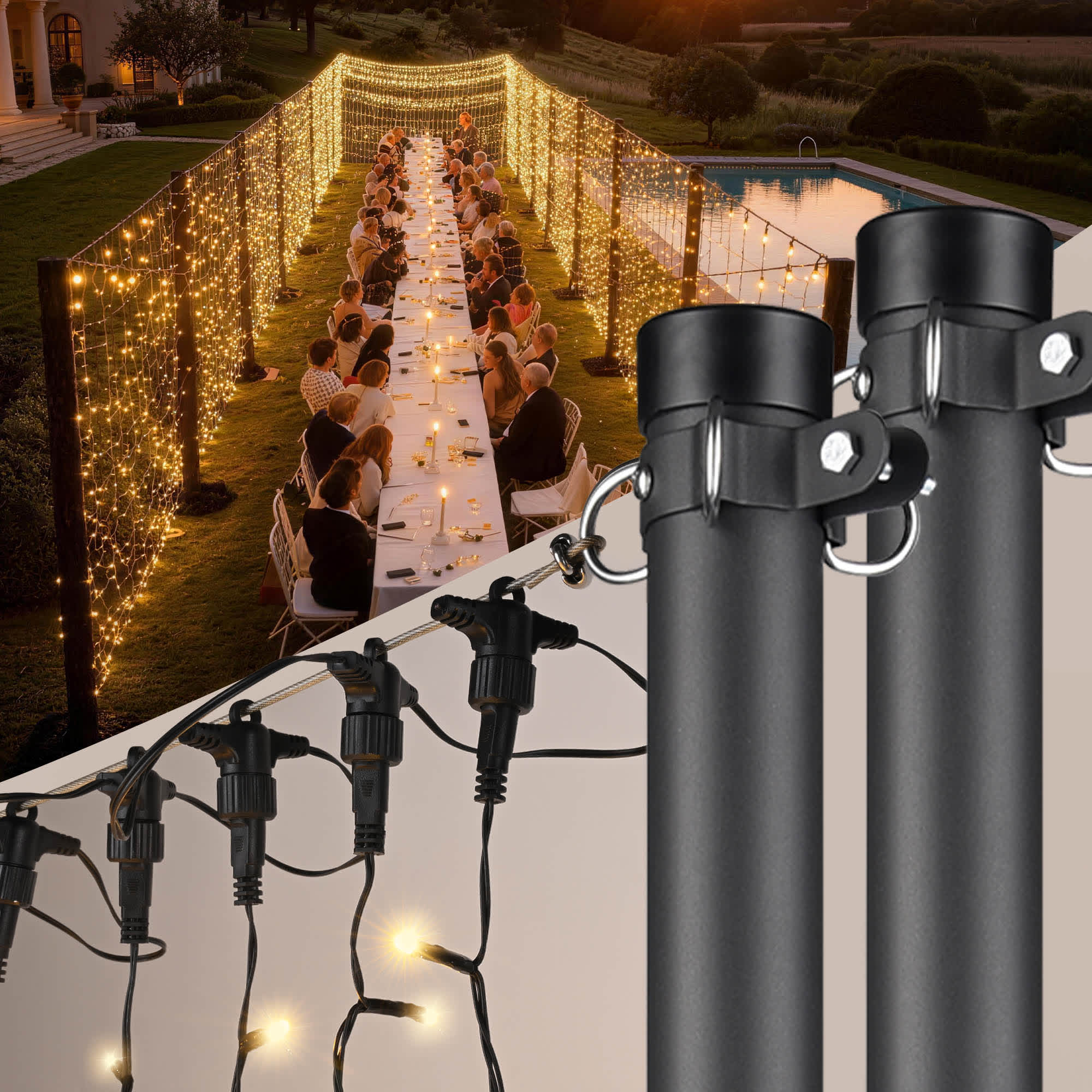 Yescom  Commercial LED Event Curtain Lights with 10Feet Cast Iron Poles 40Feet Steel Cable 48x Outdoor IP44 String Lights ETL Certified for Wedding Party Decor
