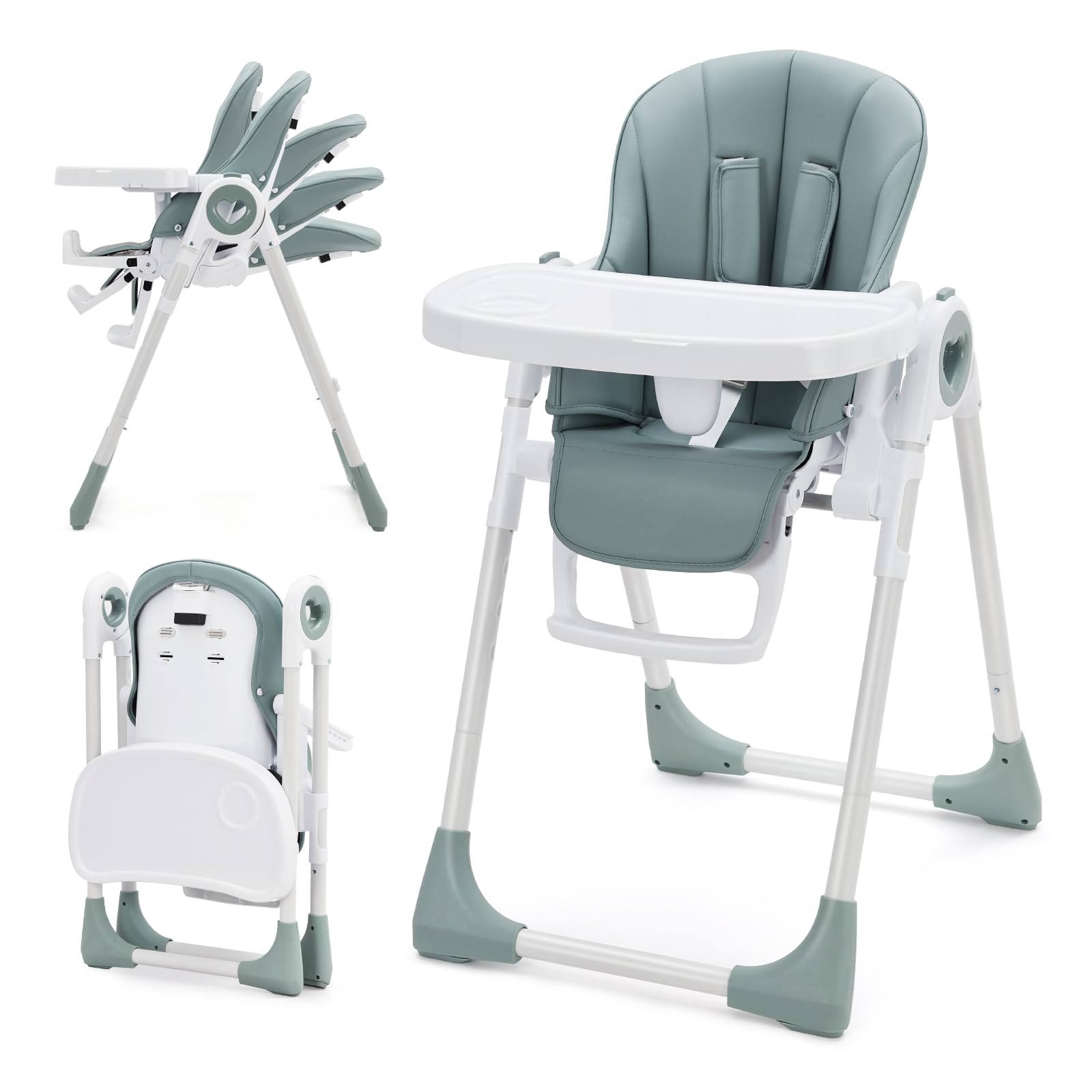Garvee Easy Clean High Chairs for Babies with Adjustable Height 5 Recline Positions Removable Double Tray and 5-Point Harness Green