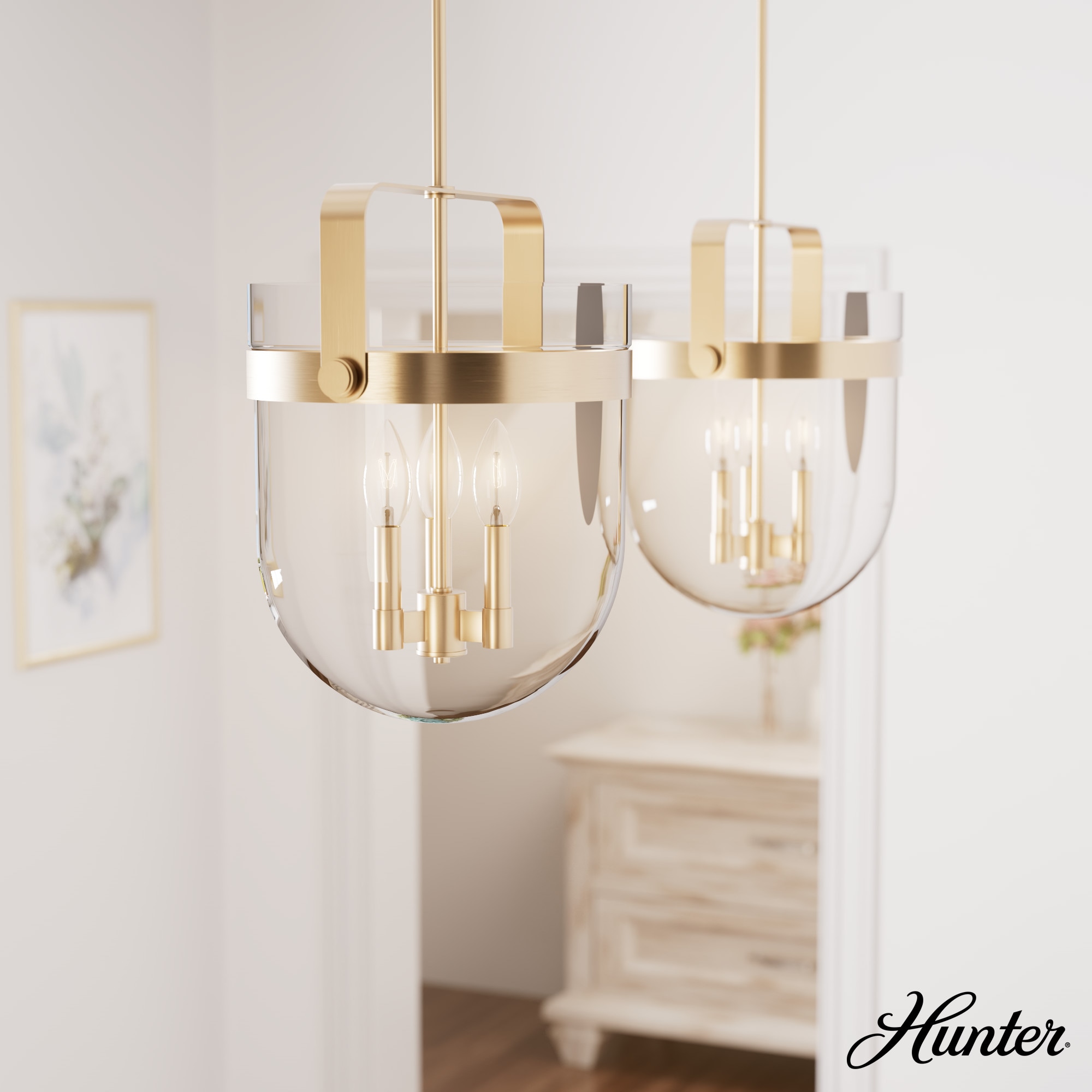 Hunter Karloff 3-Light Alturas Gold Transitional Clear Glass Bell LED Medium Hanging Pendant Light