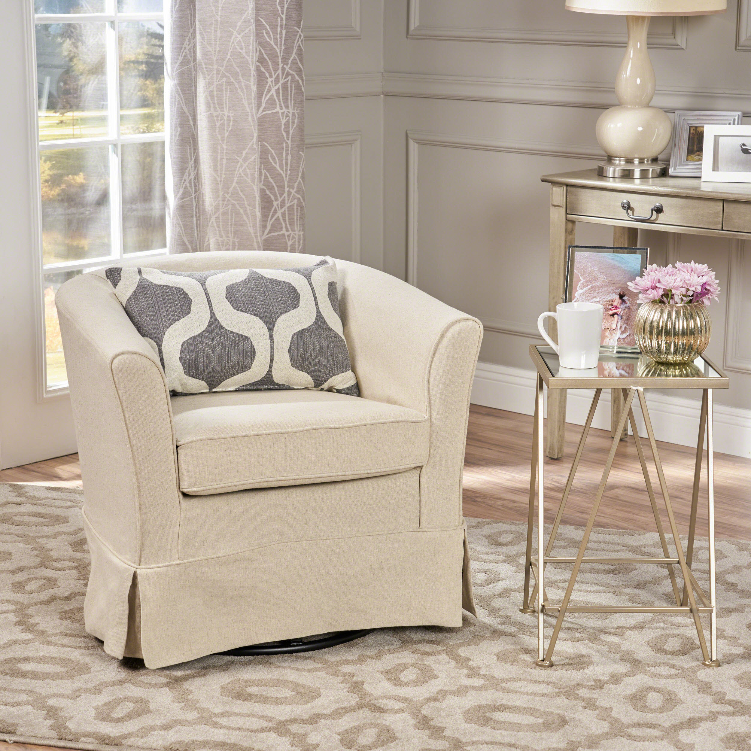 Natural Fabric Barrel Swivel Club Chair with Metal Base