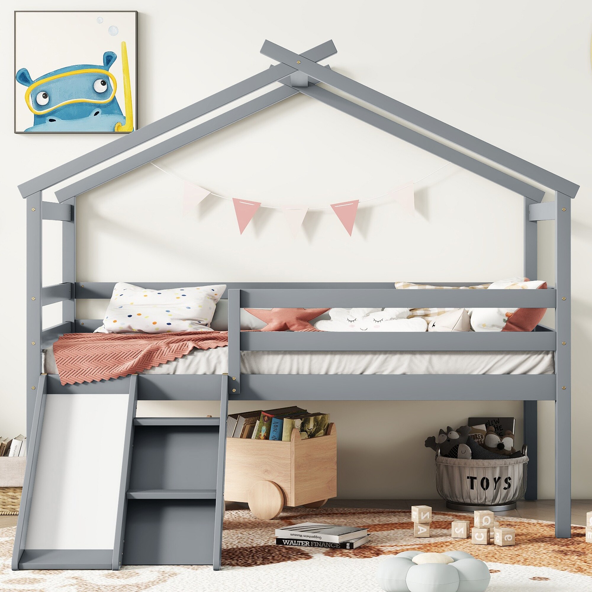 Bellemave Twin Size Low Loft House Bed with Slide and Ladder Wood Children Bedframe with Roof Frame and Guardrails Gray