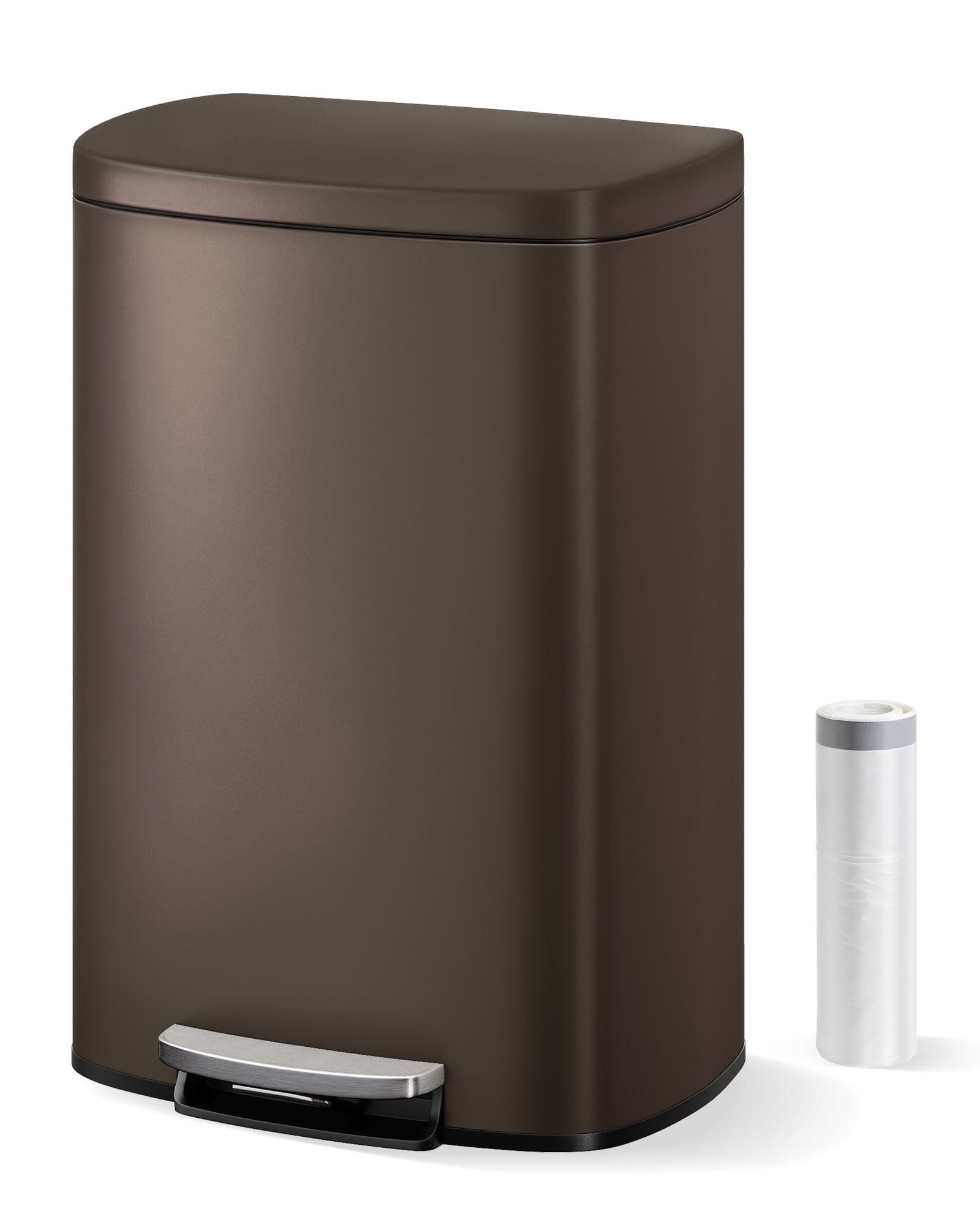 13 Gal. Brown Stainless Steel Step-On Pedal Kitchen Trash Can with Soft Close Lid Rear Handle and Removable Inner Bucket