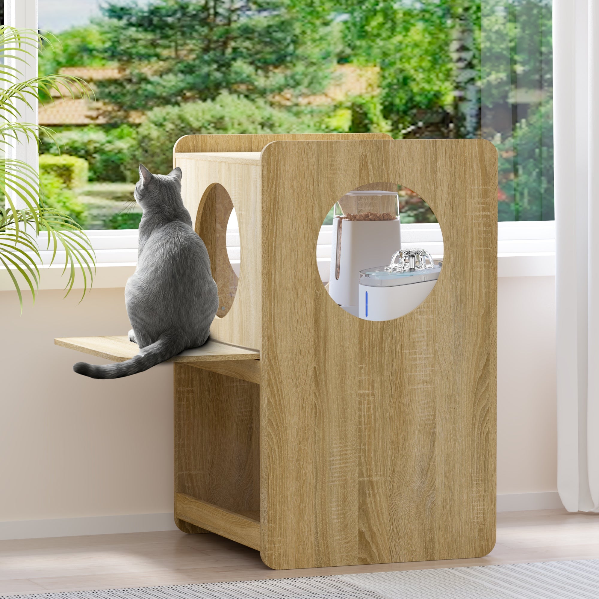 GDLF Cat Feeding Station for Water Fountain and Food Elevated Cat Feeding Table with Spill-Proof Mat Window Perch and Storage