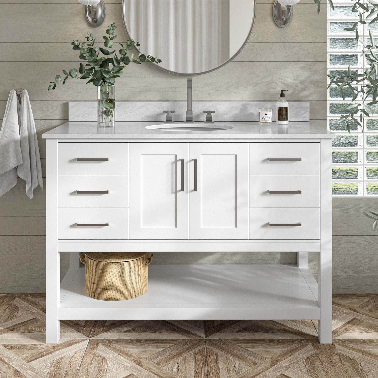 ARIEL S049SCW2OVOWHT Magnolia 49-in White Undermount Single sink Bathroom Vanity with 0.75" Carrara White Marble Natural marble Top