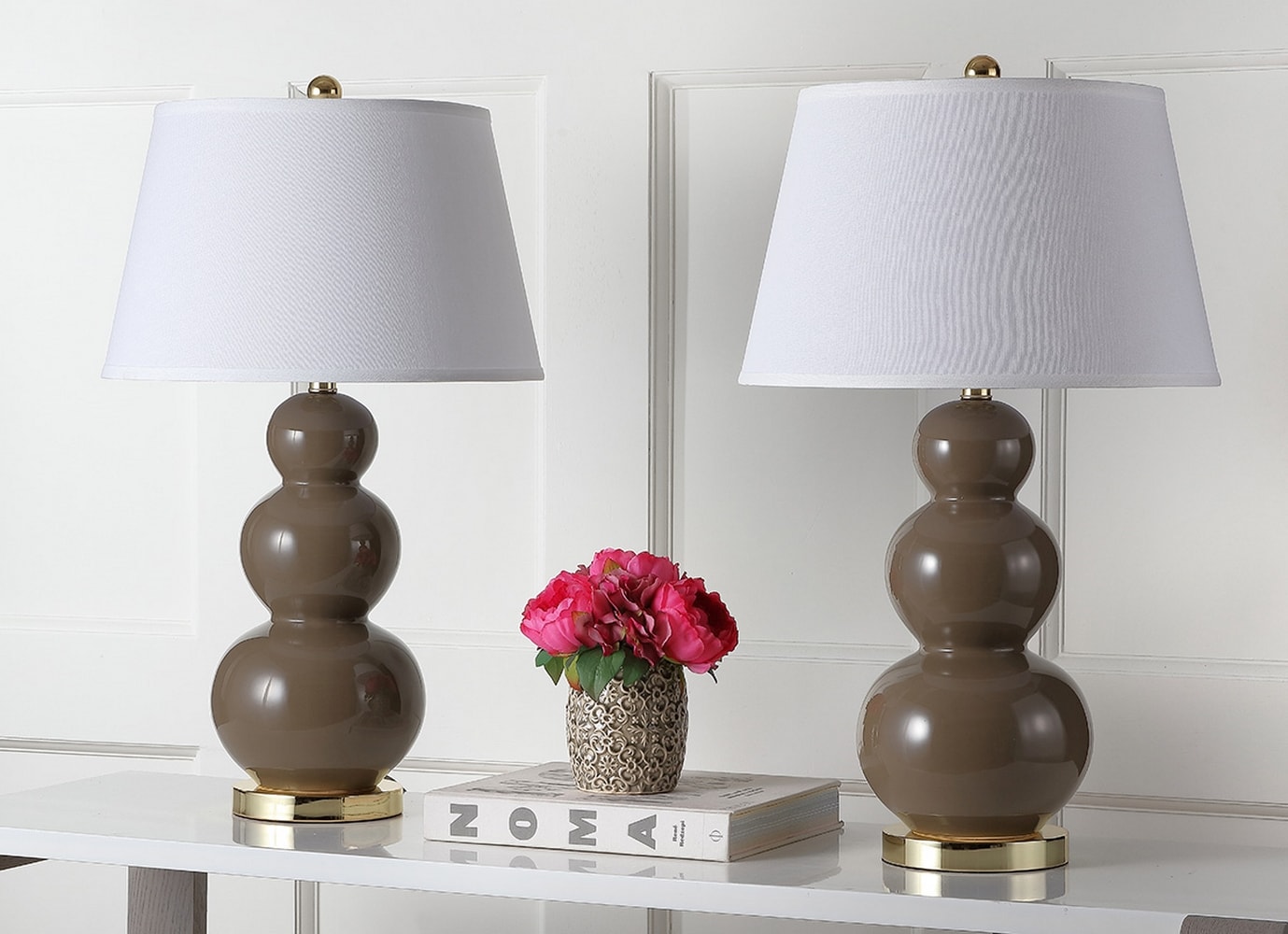 Pamela 28-Inch Taupe Ceramic Triple Gourd Table Lamp Set