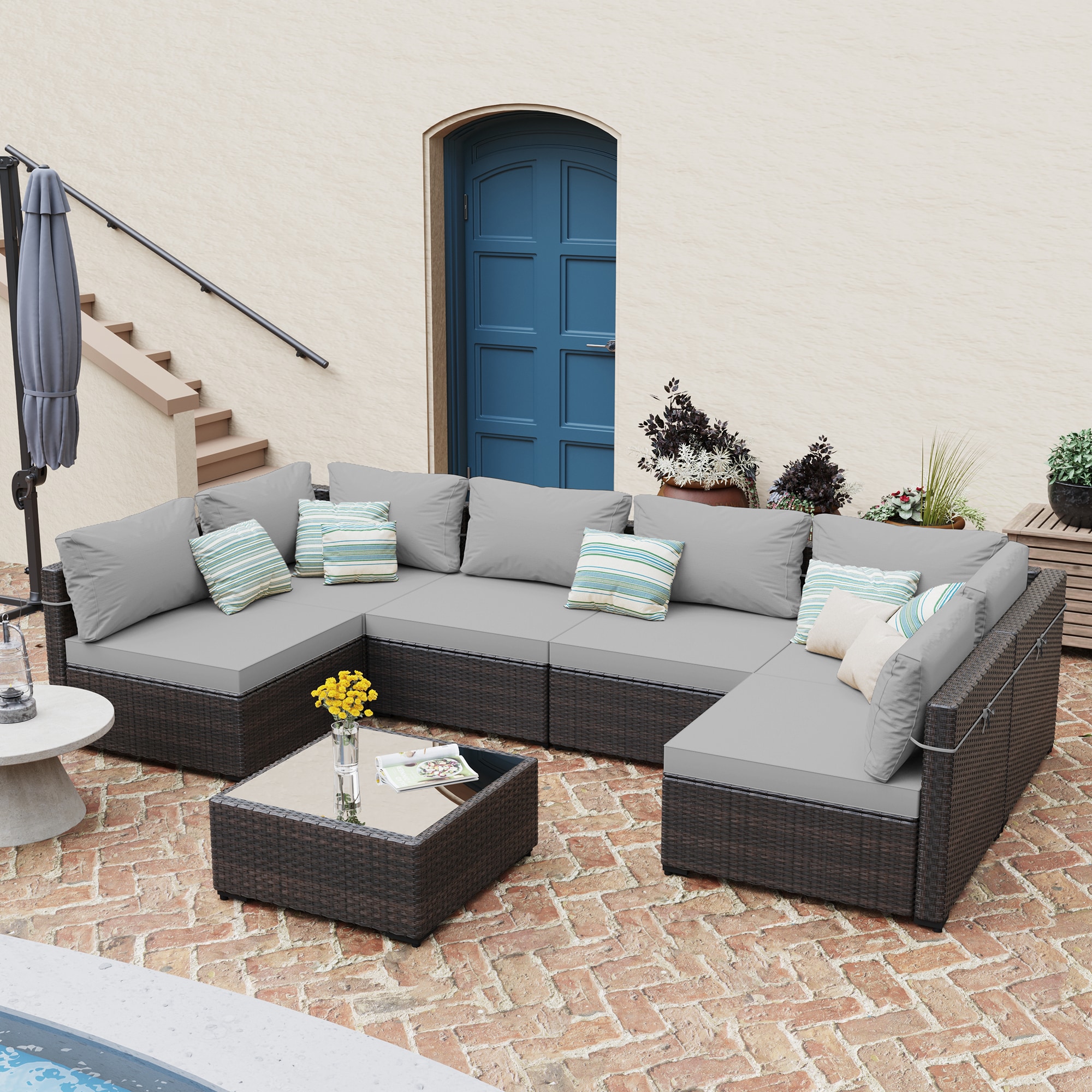 Patio Watcher RT-OD7-B8-3 7 -Piece Rattan Patio Conversation Set with Light Gray Cushions