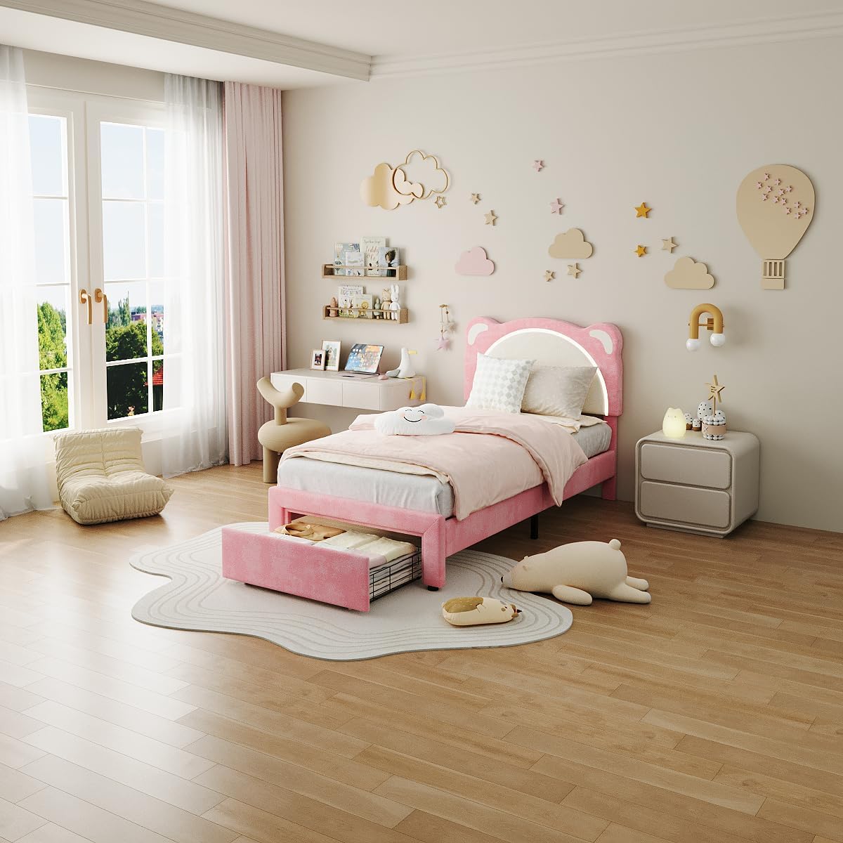 Der Rose DYQ-PHK-34DELYF7 GarveeHome Twin Bed Frame for Kids  Upholstered Platform Bed Frame with Adjustable Headboard  Drawer  Led Light  Wooden Slats Support  No Box Spring Needed  for Kids Room Nursery