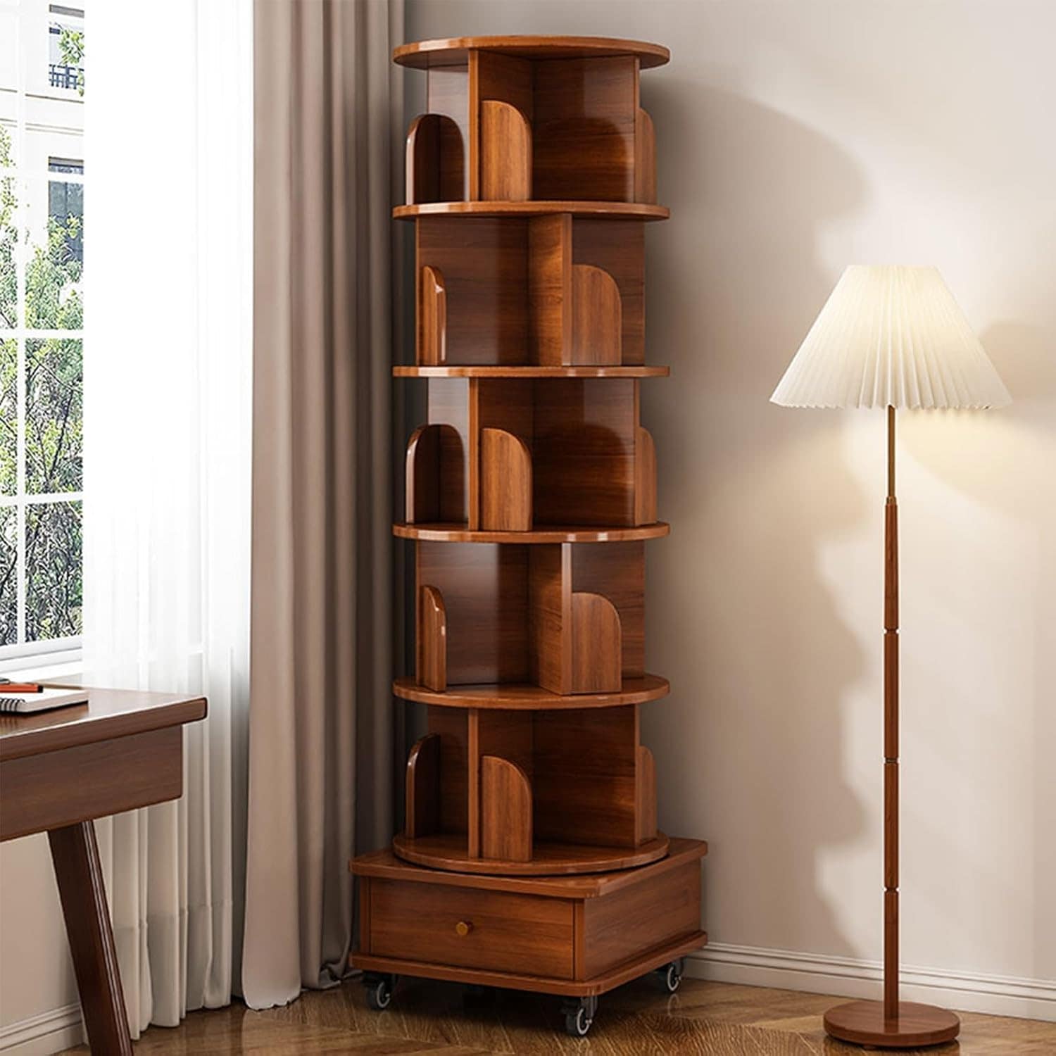 LOVMOR SF-Y-W2641P212237 Rotating Bookshelf 360 Display Corner Bookshelf for Small Space 6 Tier Bookcase Storage Rack with Wheels Wood Narrow Organizer for Bedroom Living Room Study Room Walnut BrownShelvesBookcase