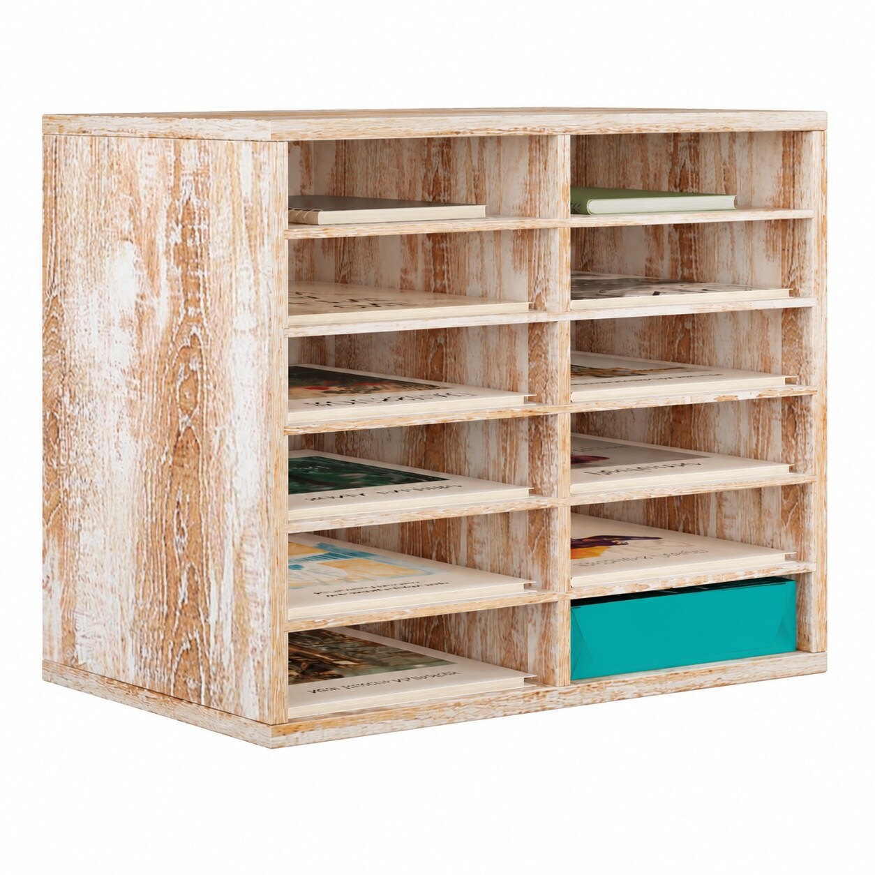 JOWEI  Retro White Wooden Literature Organizer Countertop Mail Sorter with 12 Compartments for Classroom Office Home and School Desktop