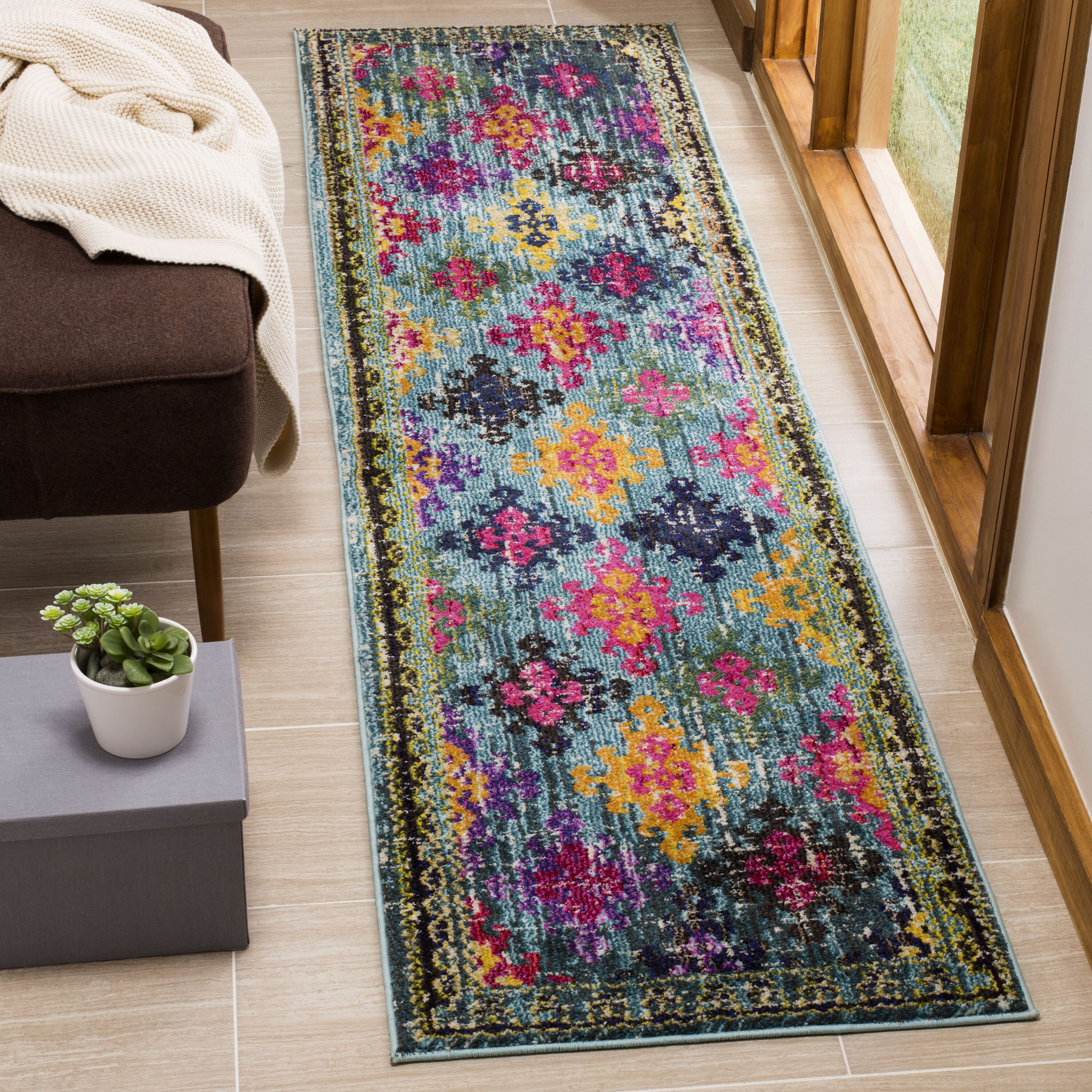 Safavieh MNC244N-28 Monaco Sonia 2 x 8 (ft) Loomed Polypropylene Blue/Multi Rectangular Indoor Distressed/Overdyed Bohemian/Eclectic Runner rug