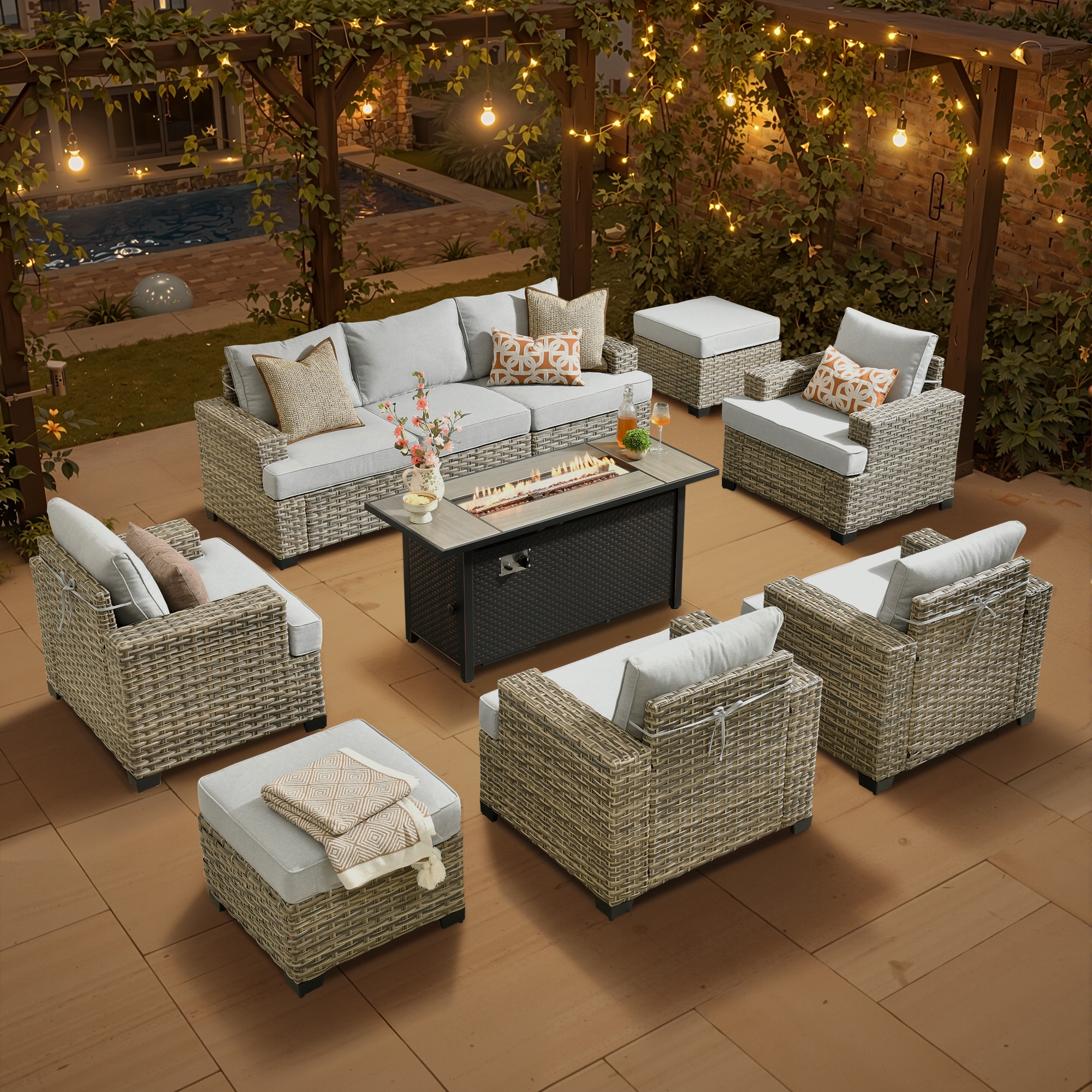 XIZZI XITBS4075-54IFP Agate 8 -Piece Rattan Patio Sofa Conversation Set with Light Gray Cushions