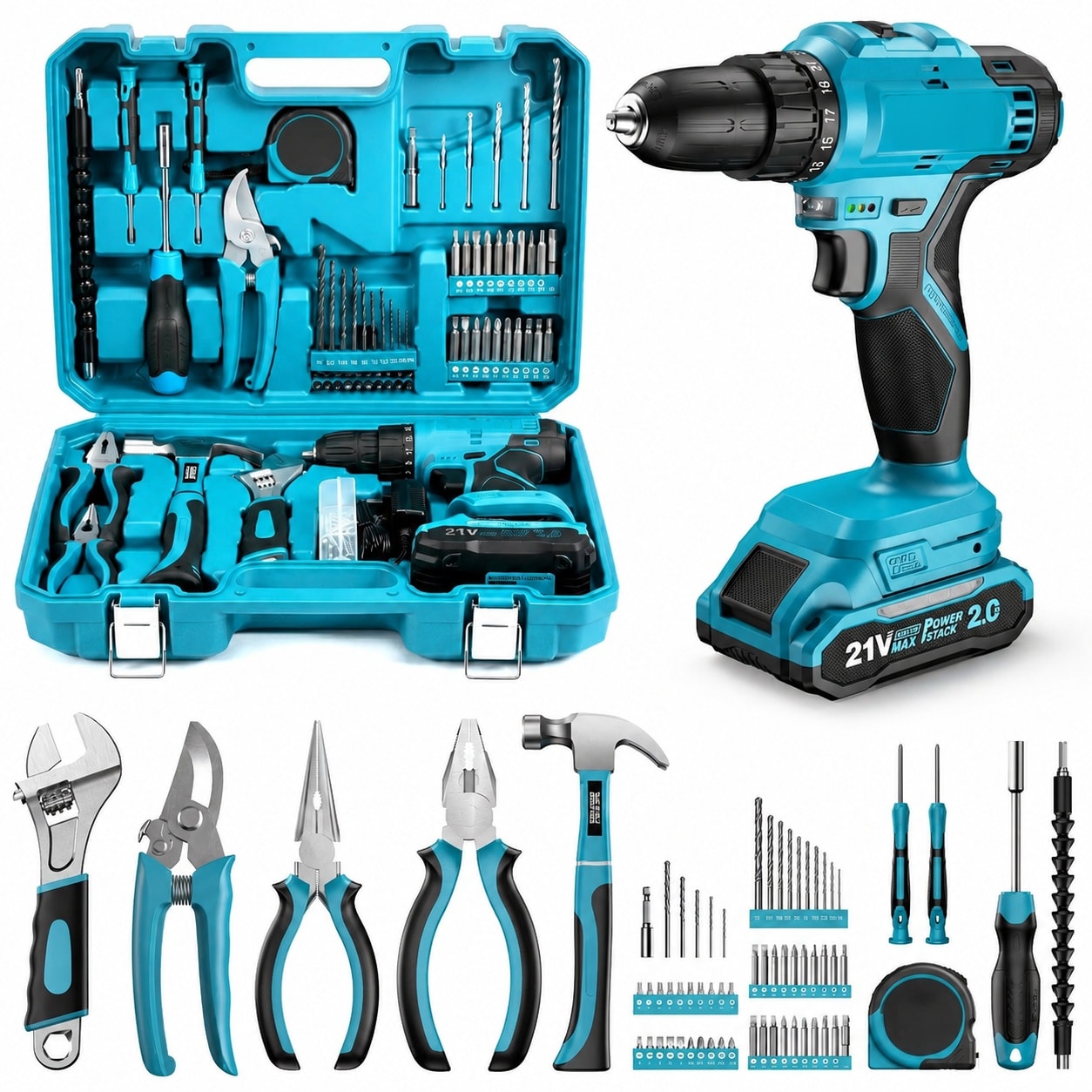 Adrinfly  21V Cordless Drill Tool Kit with 190 Piece Power Tool Combo Set and Toolbox Electric Drill Driver for Home Repair and DIY Projects