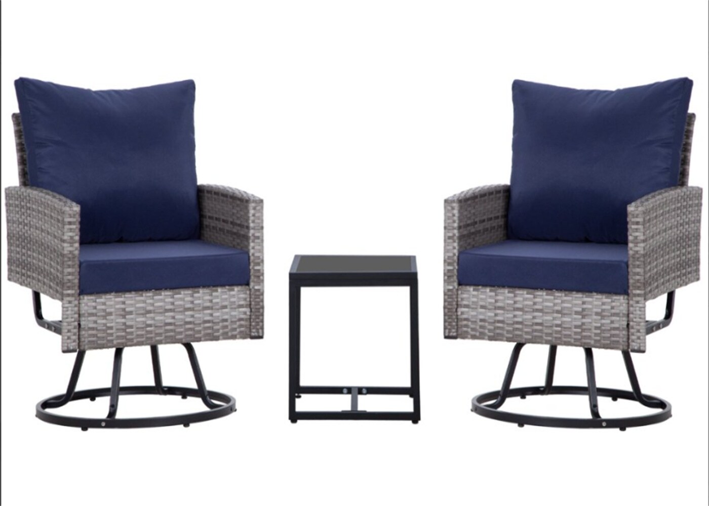 Damerin Z0115F Patio Chairs Set of 2 Rattan Gray Iron Frame Stationary Conversation Chair with Blue Cushioned Seat