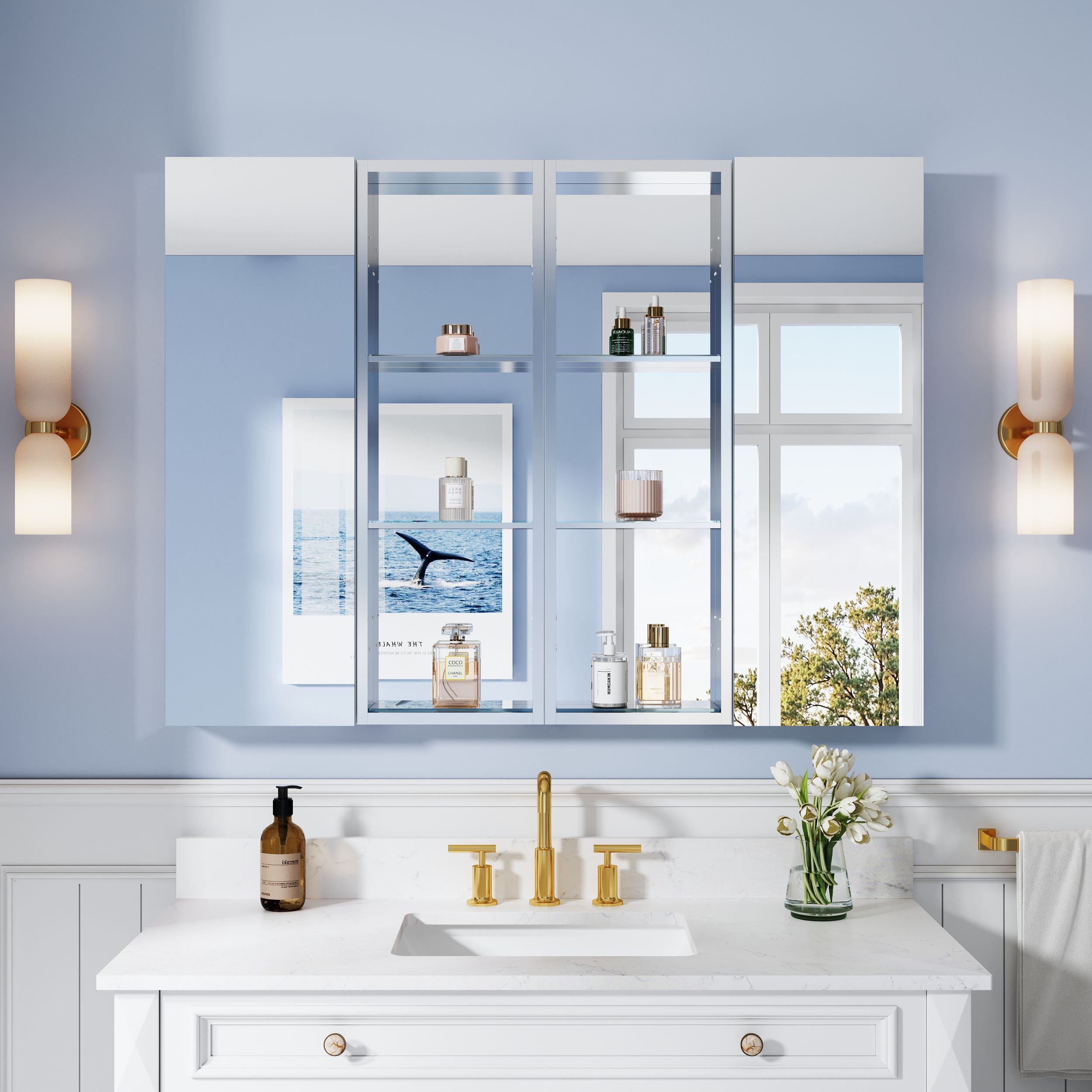 WELLFOR RSY Combo Bathroom Cabinets 48-in x 36-in Surface/Recessed Mount Aluminum Mirrored Rectangle Soft Close Medicine Cabinet