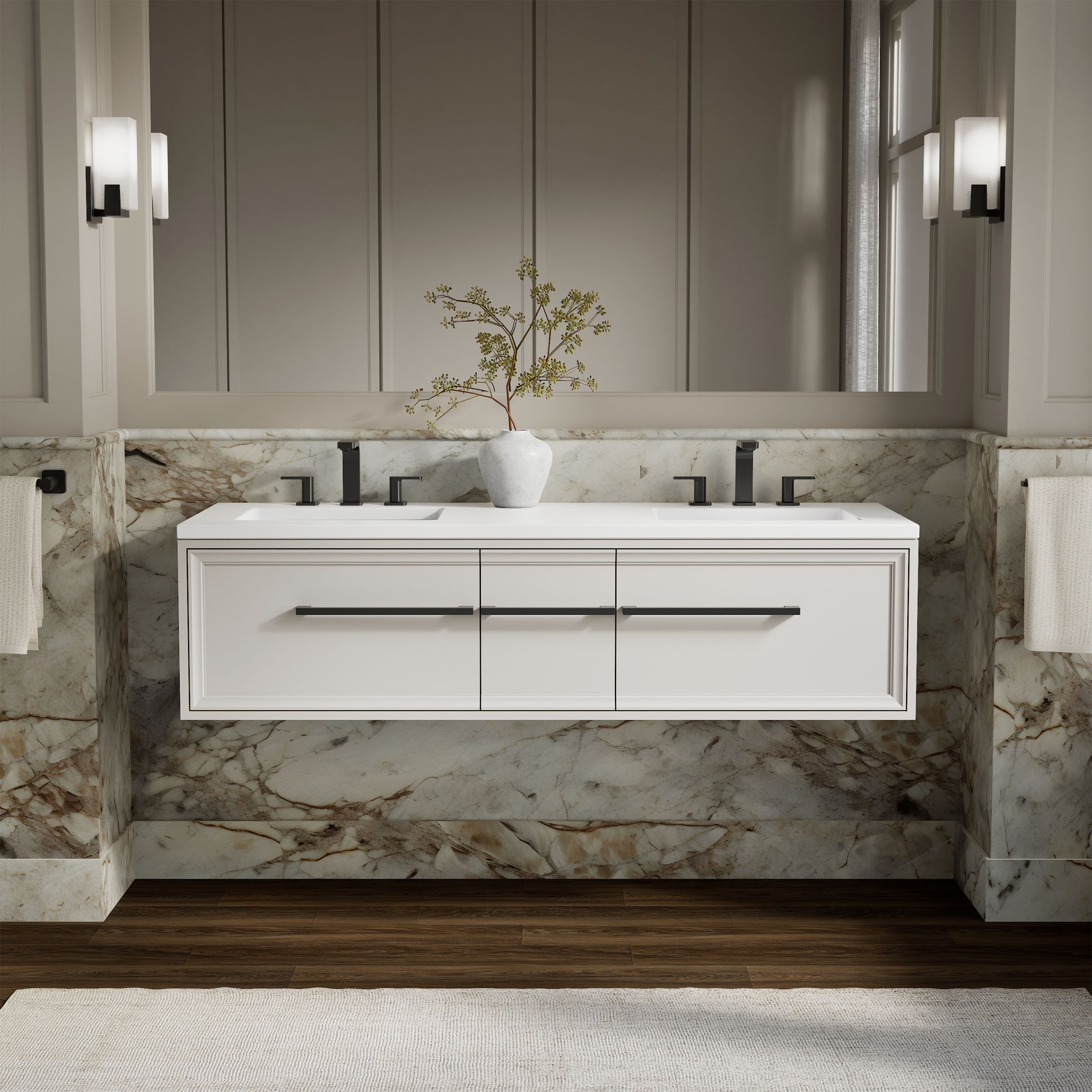 KOHLER - Lodern 60-in Linen White Undermount Double Sink Bathroom Vanity with Miami White Quartz Top