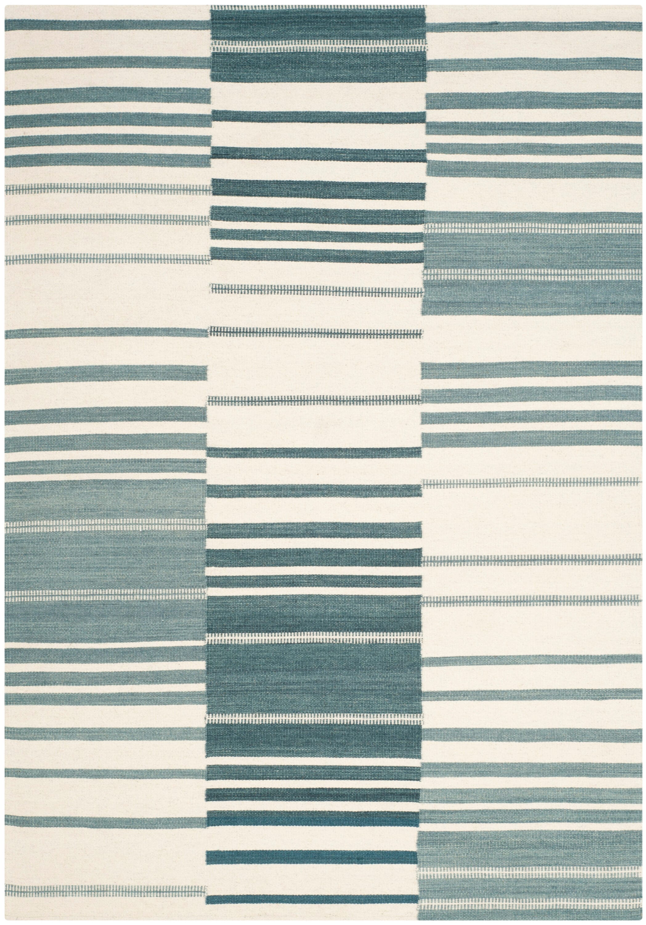 Handwoven Nomadic Ivory & Blue Wool Kilim Rug, 5' x 8'