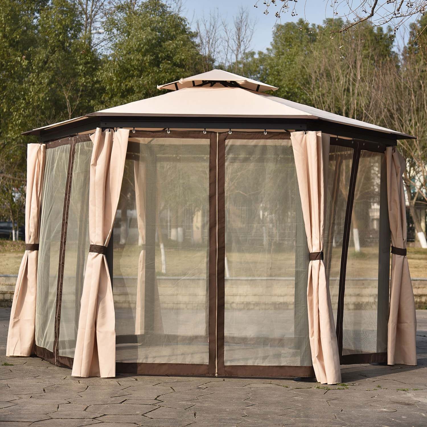 SINOFURN SYB180003BL 11.8-Feet x 11.8-Feet Hexagon Khaki Fabric Polyester Roof Semi-permanent Gazebo with Screen Included