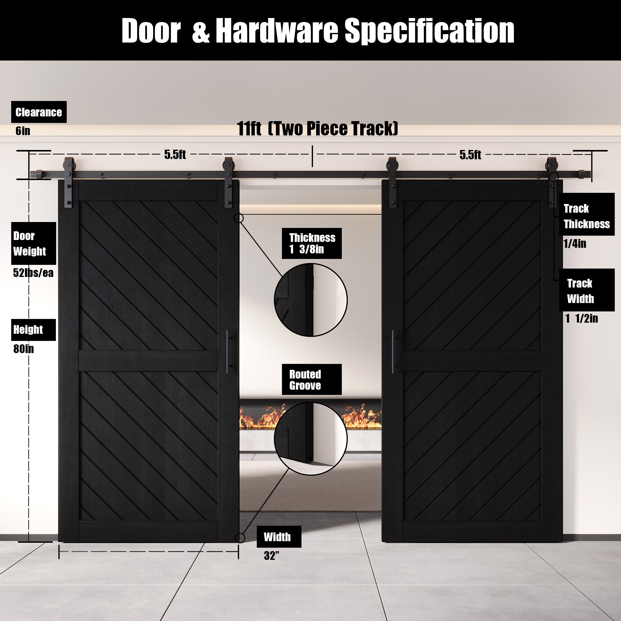 HOMACER YT2H132C-XT2-3280-BK Barn-Doors - View #2