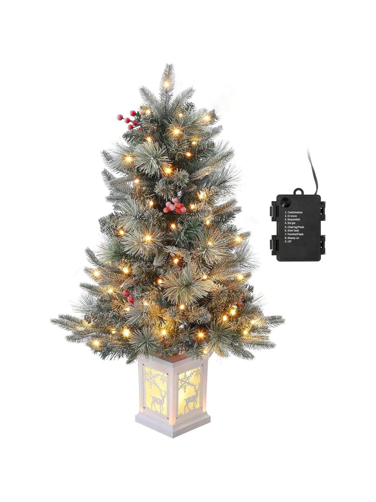 Qeetex PHO-0WIHC4PX-HF4 3 Ft Prelit Premium Snow Flocked Artificial Christmas Tree With 8 Mode Warm White Led. Mini Prelit Xmas Pine Tree For Christmas Decoration.Yard.Home.Office.Outdoor.Indoor