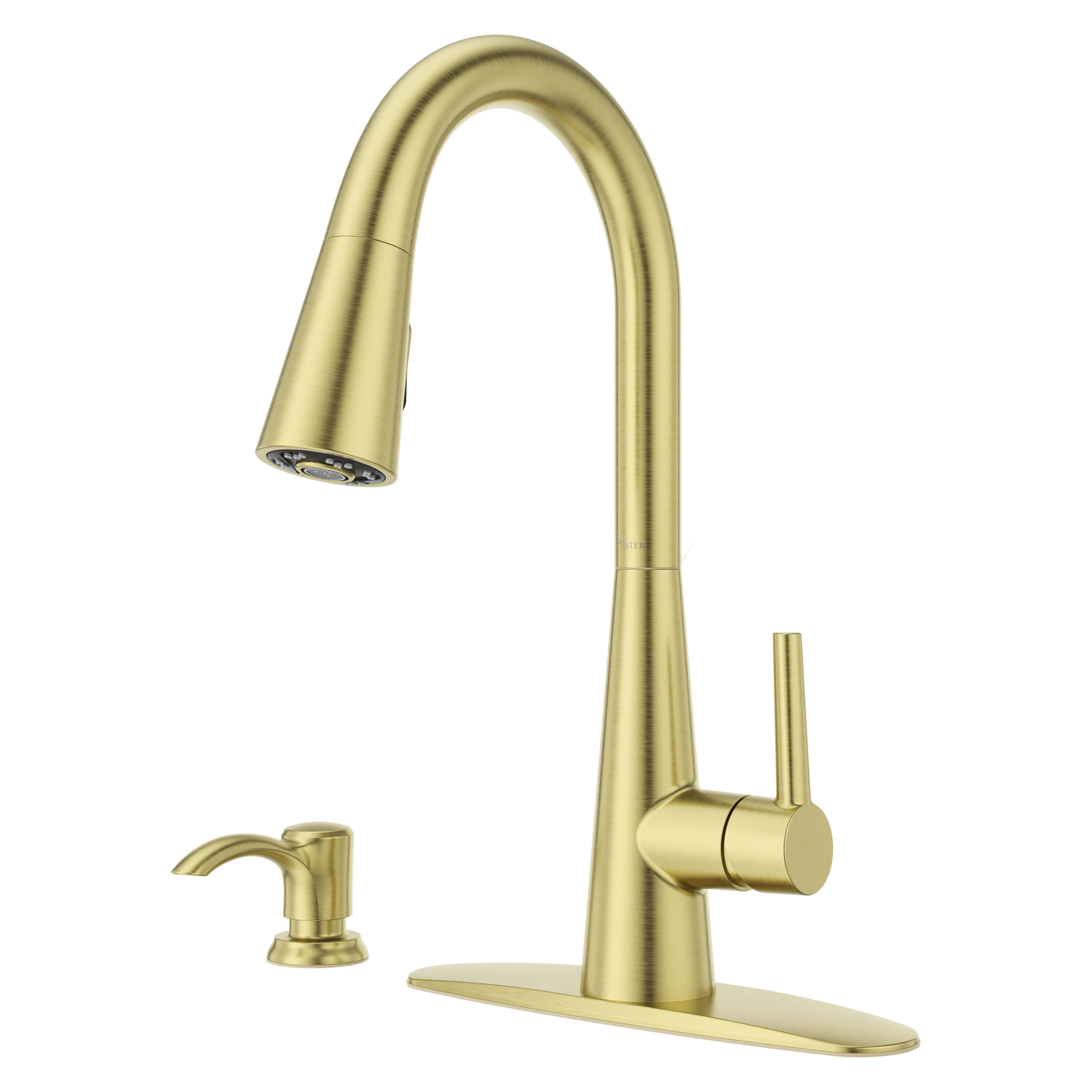 Pfister Barulli Brushed Gold Single Handle Deck-mount Pull-down Kitchen Faucet with Sprayer (Includes Deck Plate) (Includes Soap Dispenser)