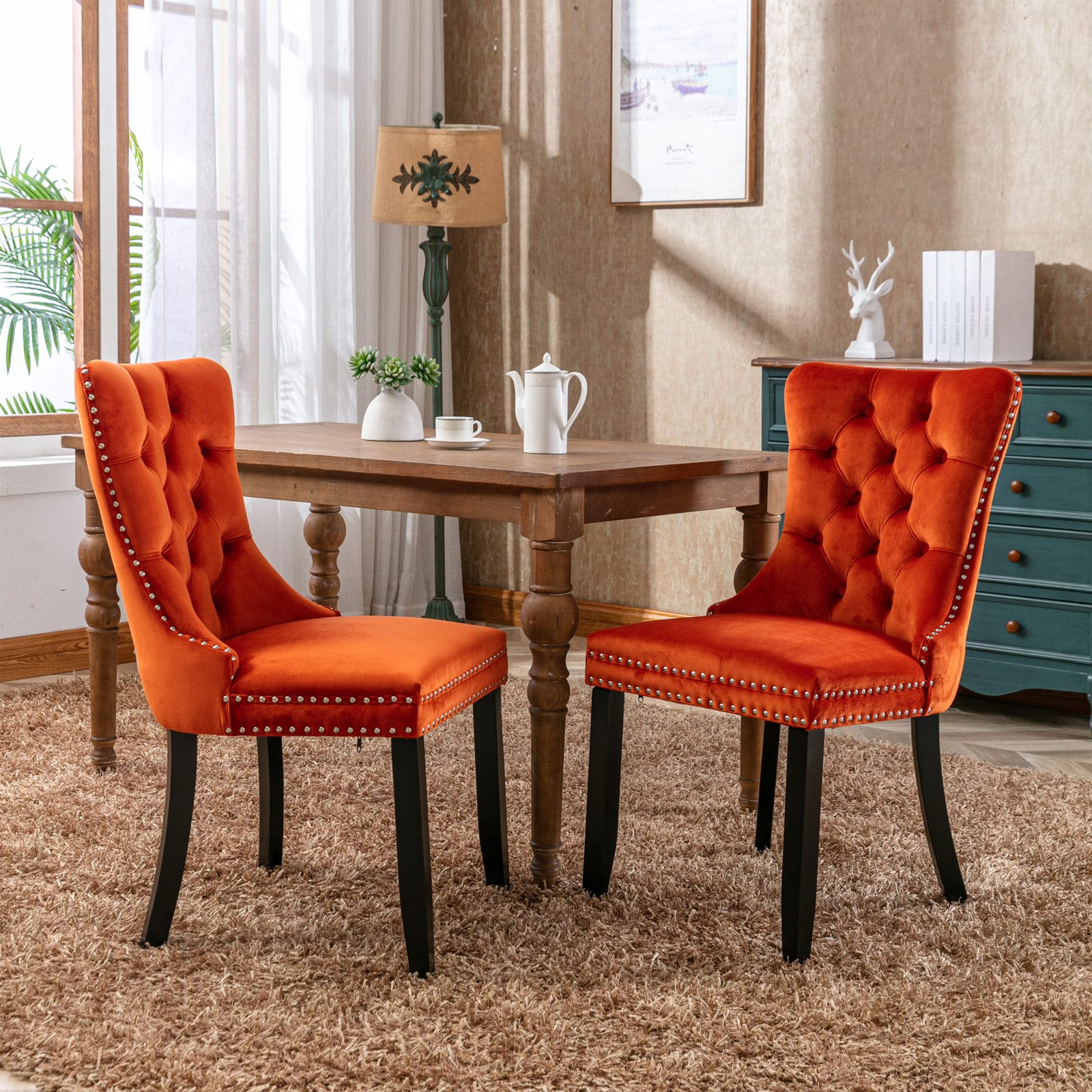 LOVMOR SF-M-W114381108 Highend Tufted Solid Wood Contemporary Velvet Upholstered Dining Chair with Wood Legs Nailhead Trim 2Pcs Set Orange