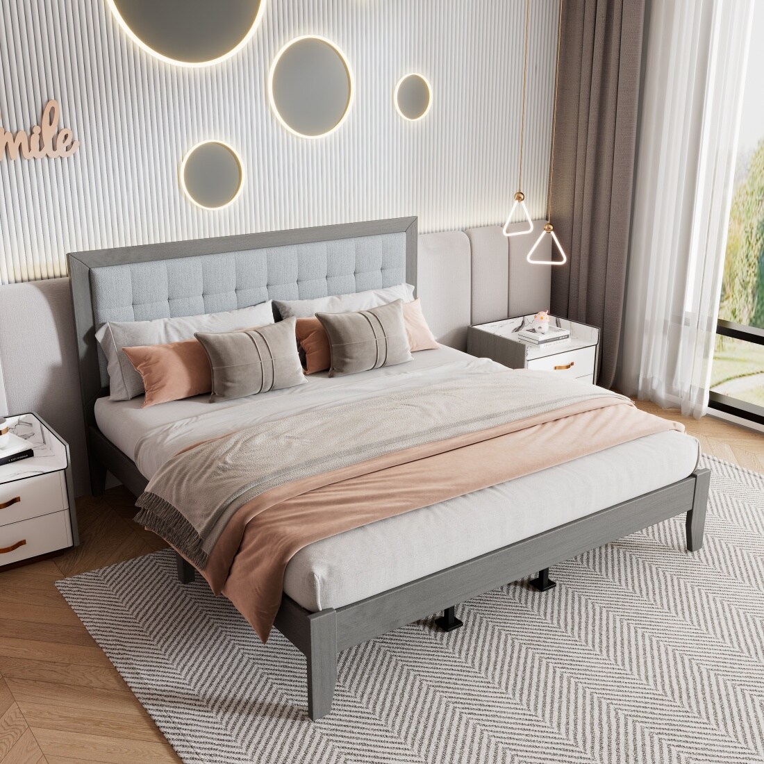 CHITA King Size Modern Upholstered Bed with Tufted Headboard Sturdy Slat Support Easy Assembly Supportive Bedroom Furniture for Comfortable Everyday Sleeping