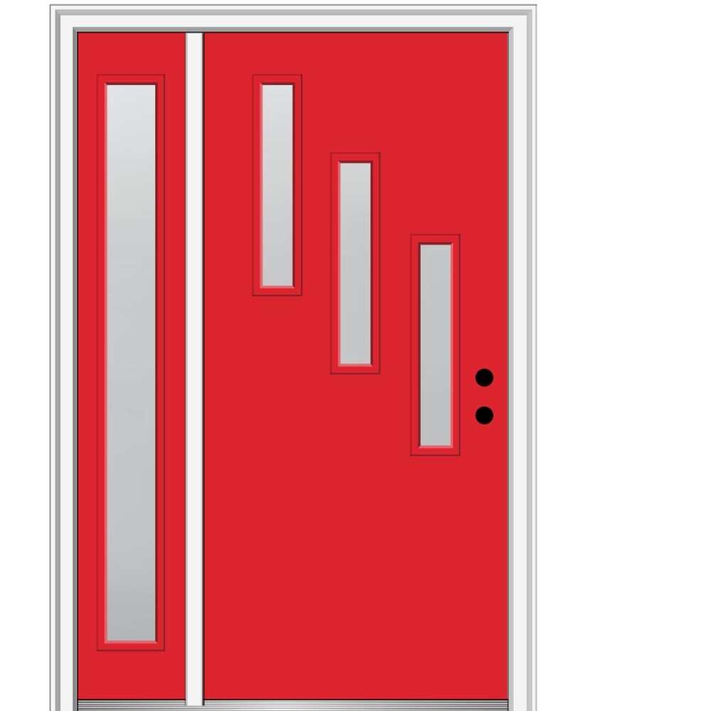MMI DOOR ZZ350644L Spotlights 48-in x 80-in Fiberglass Half Lite Left-Hand Inswing Red Saffron Painted Prehung Front Door with Left Sidelight with Brickmould Insulating Core