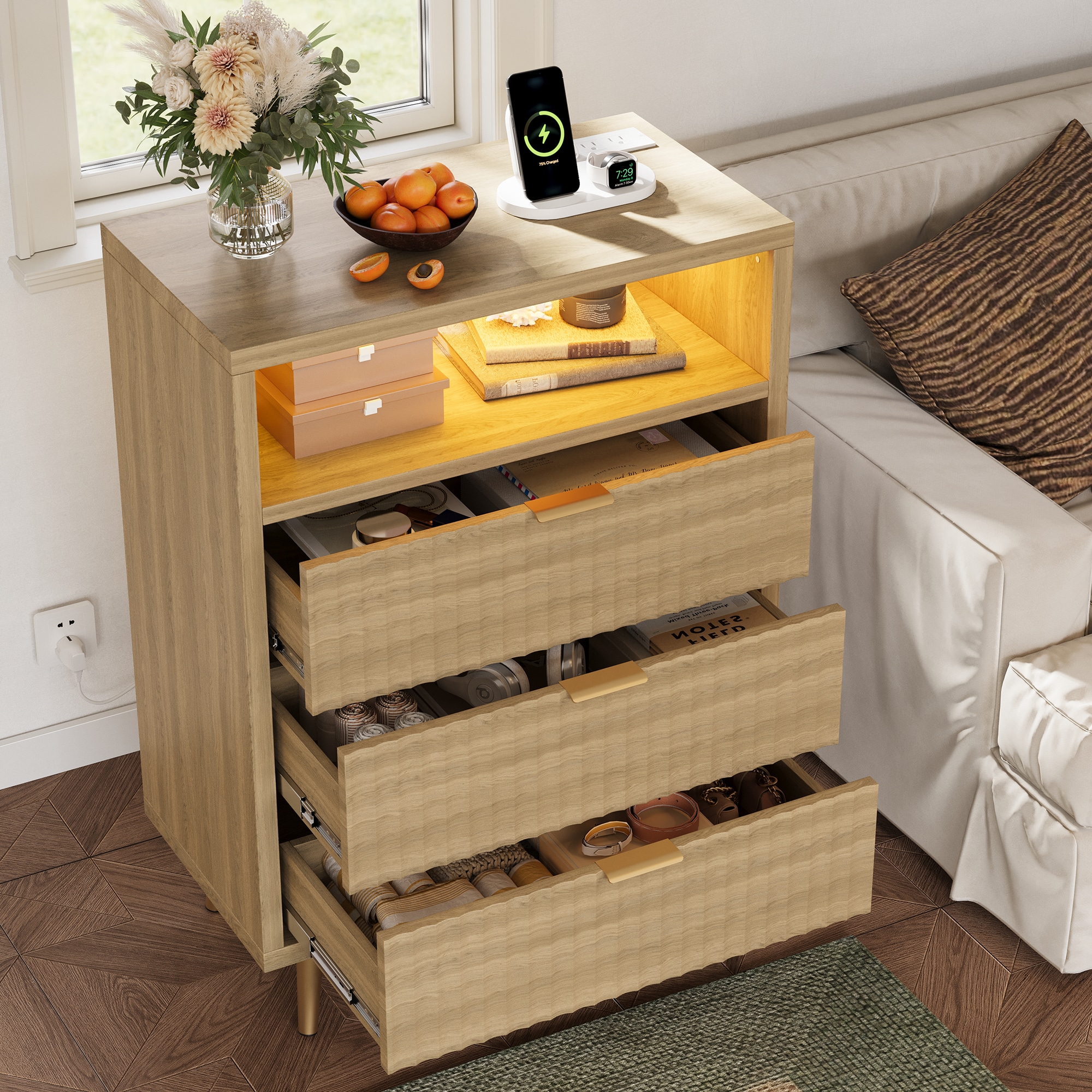 IdealHouse Modern 3-Drawer Dresser with LED Lighting and Charging Station - 28 Inch Wide Fluted Wood Chest - Gold Handles