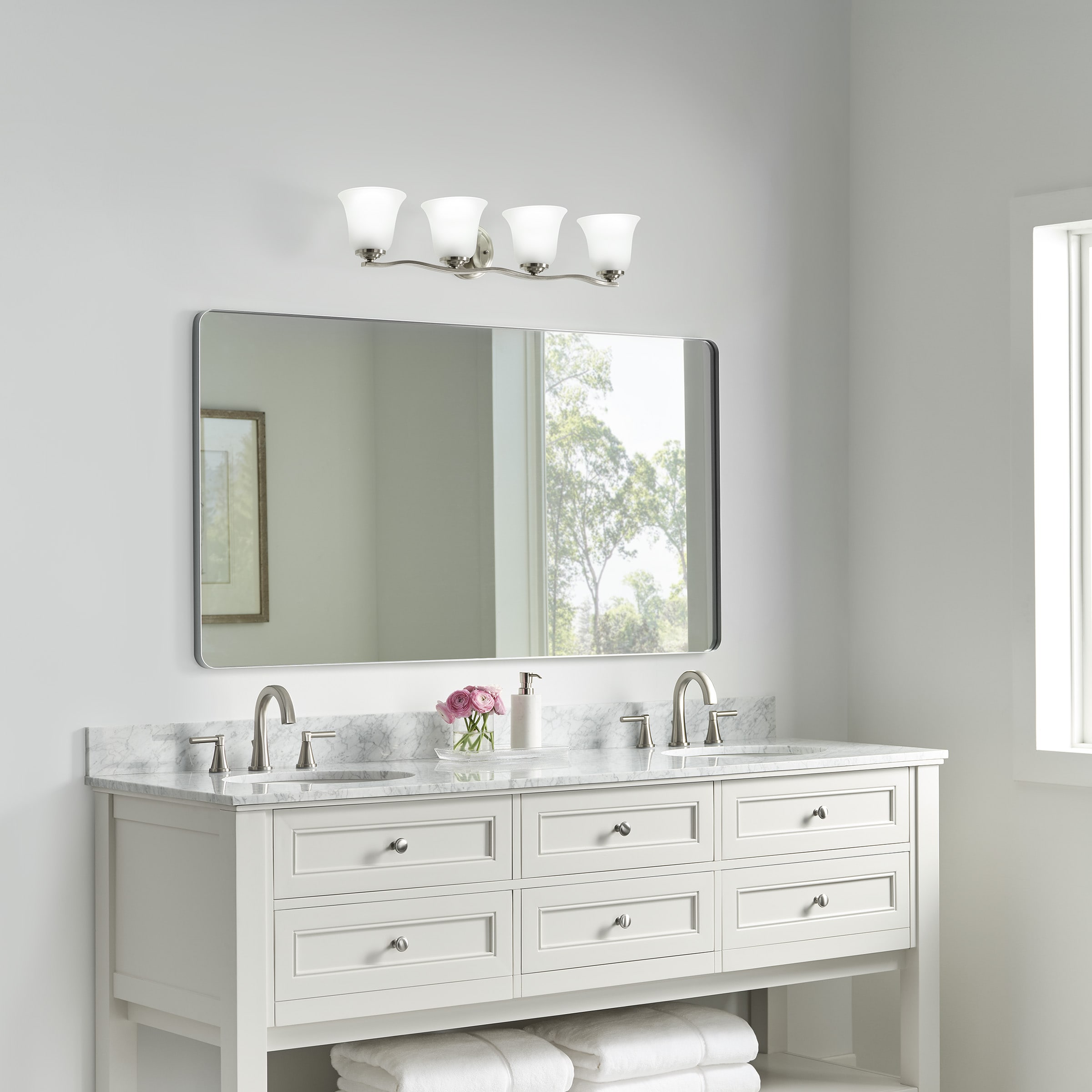 Brushed Nickel 4-Light Vanity Fixture with Satin Etched Glass Shades