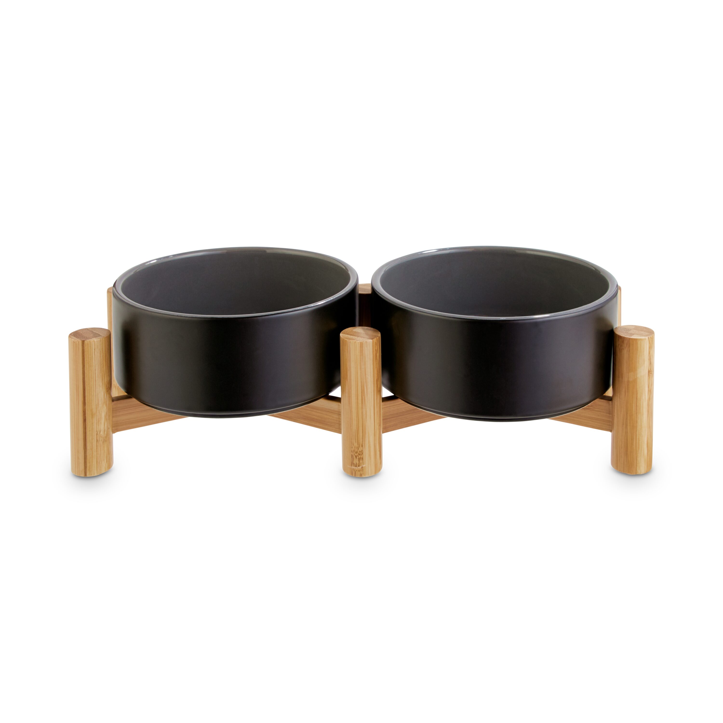 Reddy -  Black Ceramic and Bamboo Elevated Double Diner Pet Bowl 35 Cups