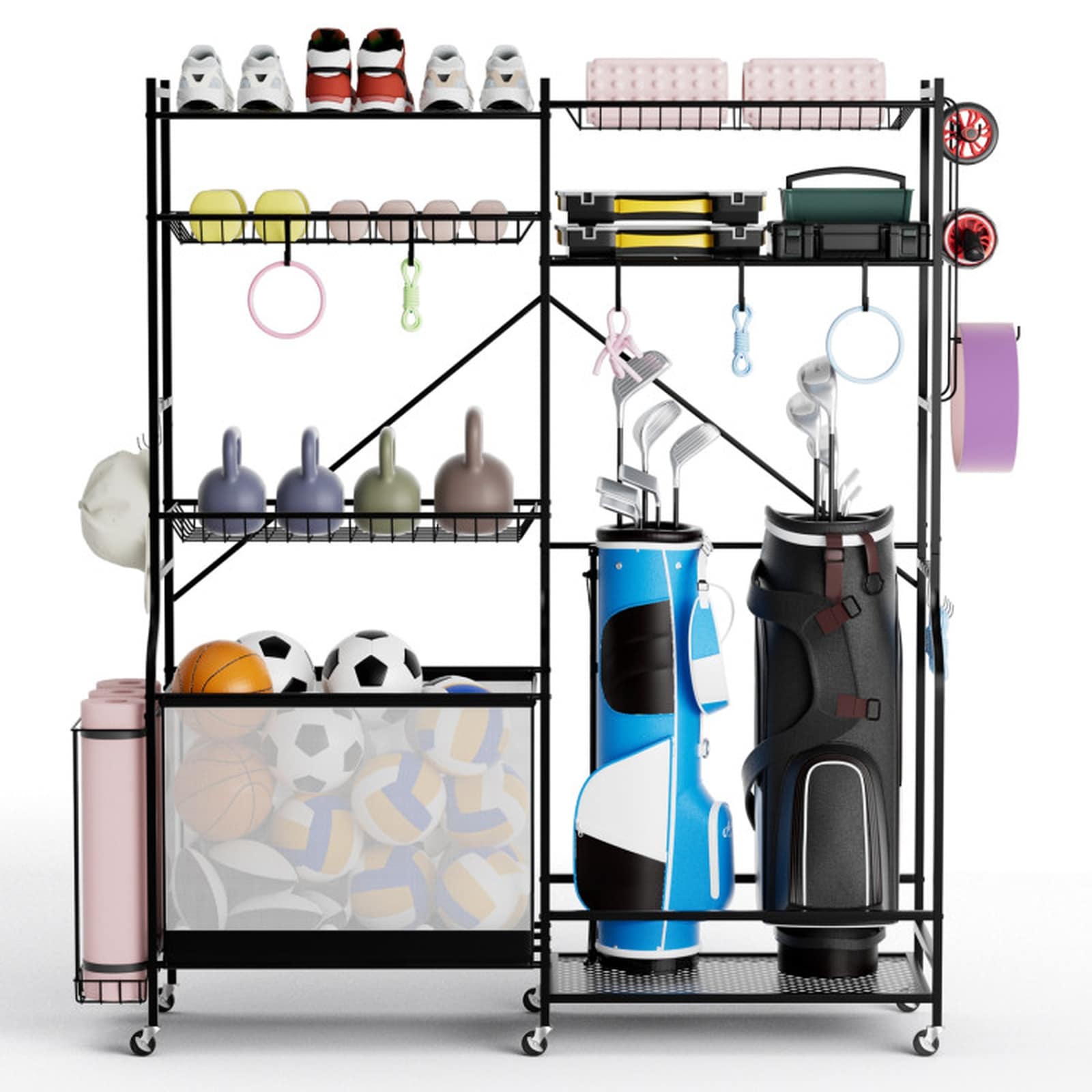 SUGIFT 68.5-in Rolling Sports Equipment Organizer with 5 Adjustable Shelves Ball Storage Basket Golf Bag Holder Yoga Mat Holder 14 Hooks and 5 Lockable Wheels Black Metal Garage Storage Rack for Balls Bats Gear Garage and Gym