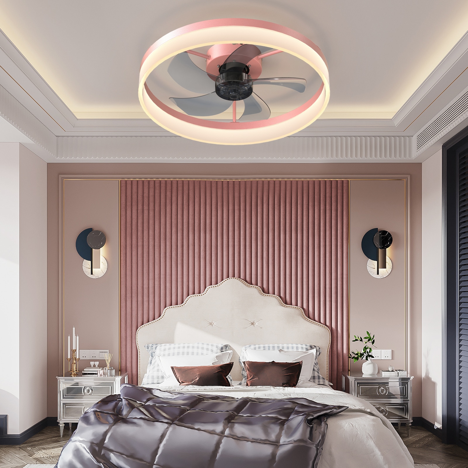 GlasFlength  Thin Modern Pink Ceiling Fan With Dimmable LED Lights Embedded Installation Ultra Slim Low Profile Design For Bedroom Kids Room Living Room Indoor Home Decoration