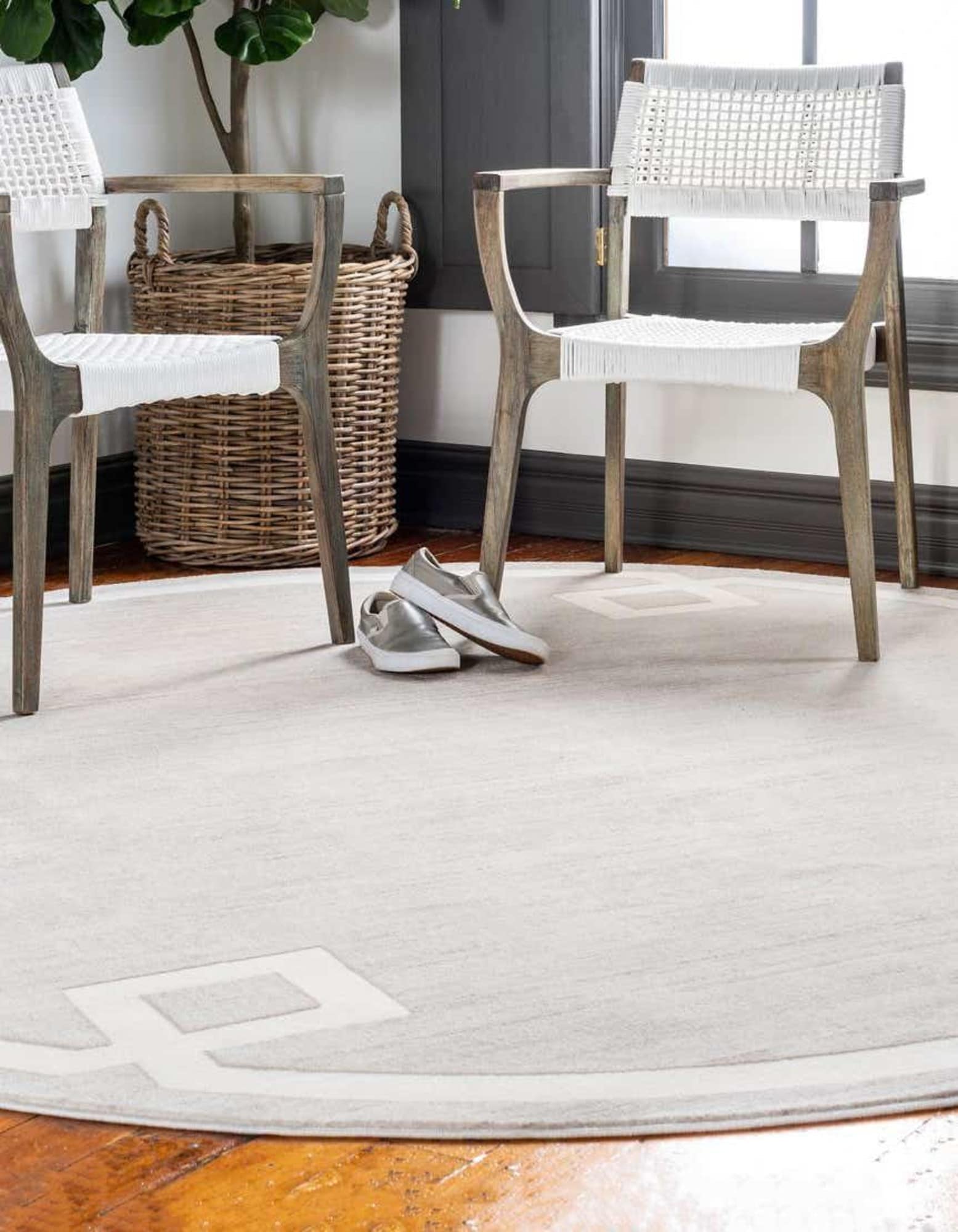 Ivory and Beige Round Geometric Synthetic Area Rug