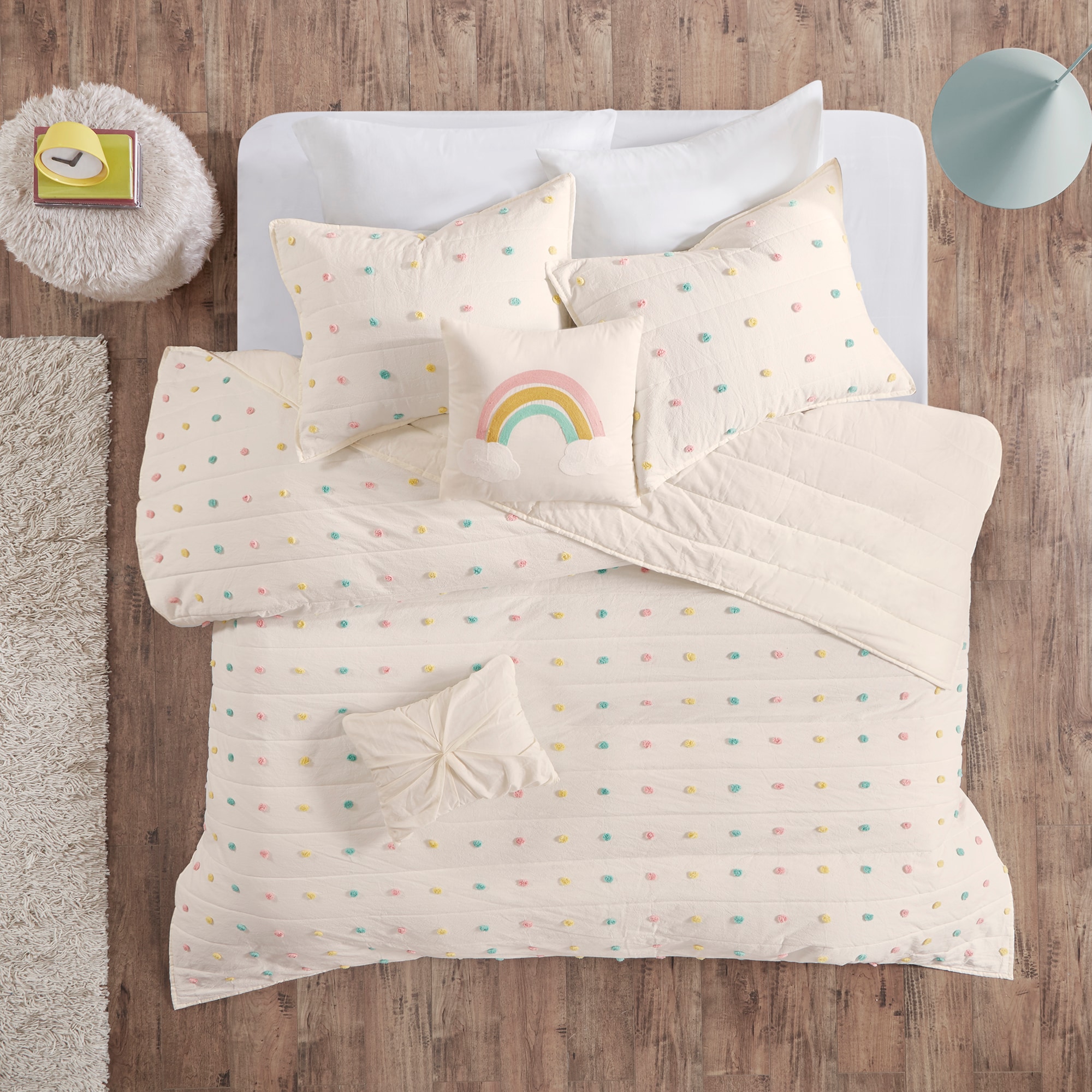 Callie Pom Pom Cotton Jacquard Full/Queen Quilt Set in Cream/Aqua/Teal