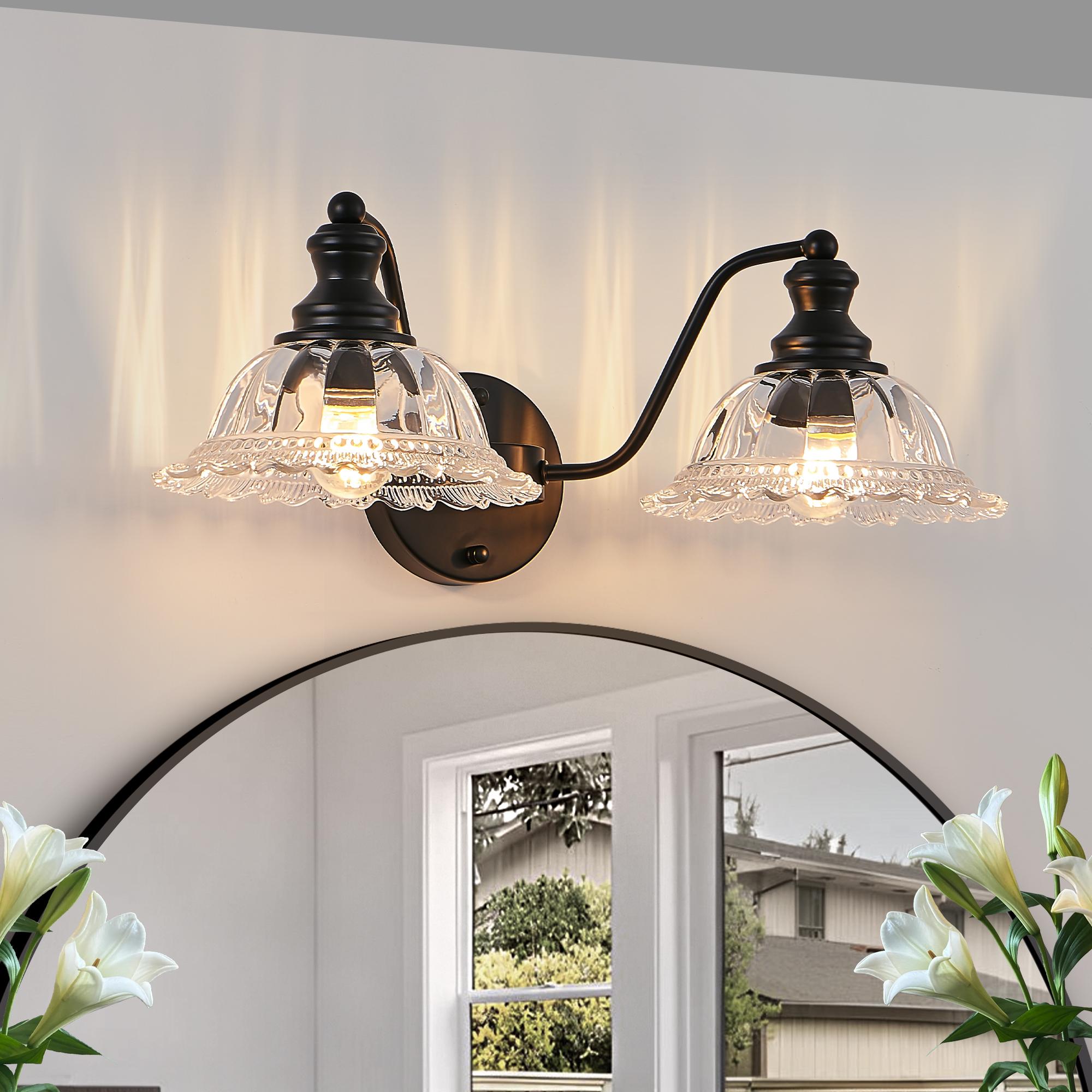 Bayfeve 2-Light Black Elegant Vintage Bathroom Vanity Light with Glass Lampshade (Bulb Not Included)