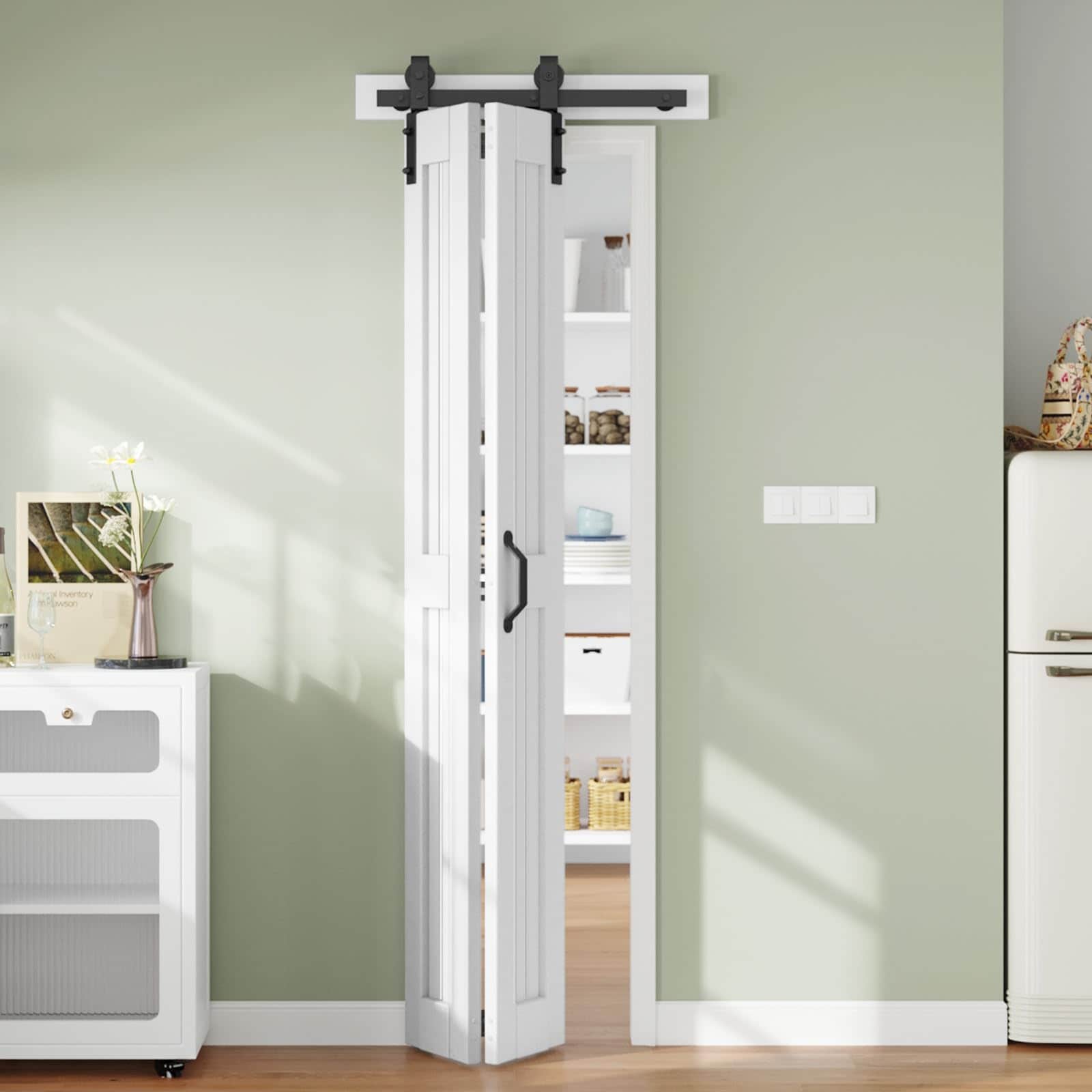 ITOPFOX  Bifold Barn Door 28 x 84 in Double 14 inch Bi fold Sliding Closet Doors with Hardware Track kit Included 2 8ft Rail for 2 Doors Save