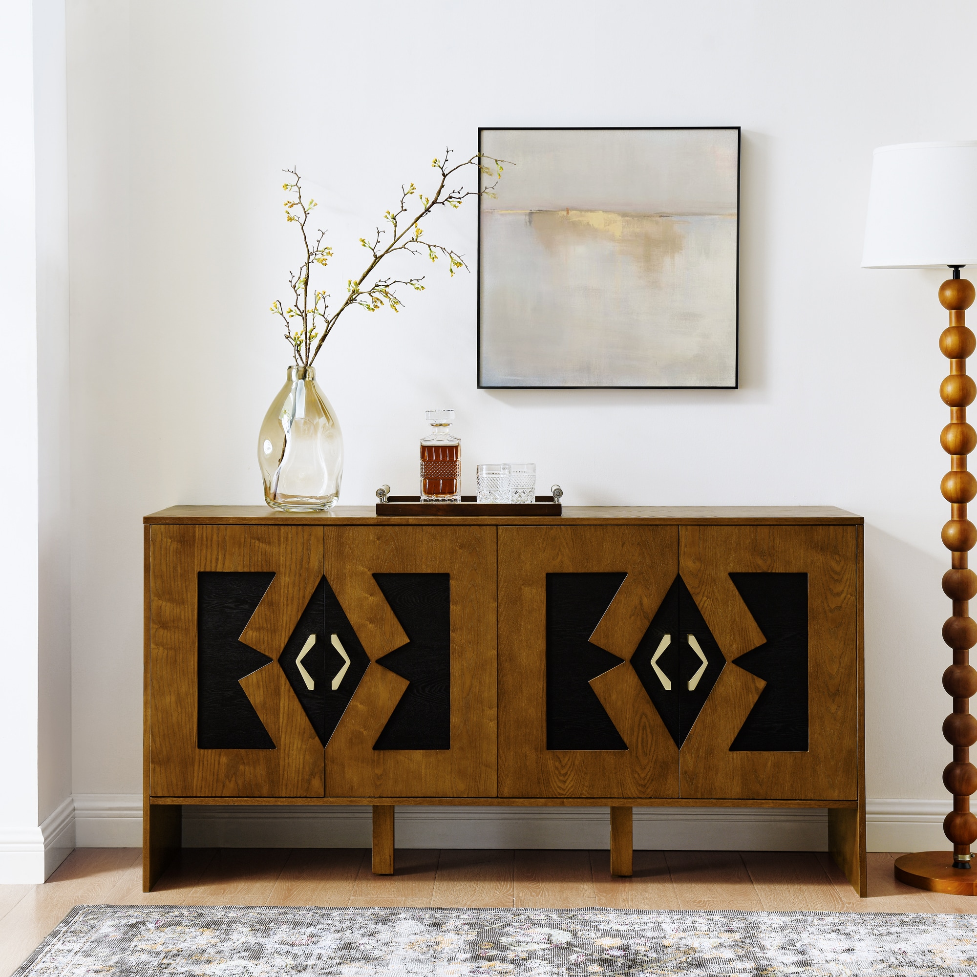 GDFStudio 335374 Weston Mid Century 60 inch Sideboard Buffet with Geometric Doors Walnut Brown