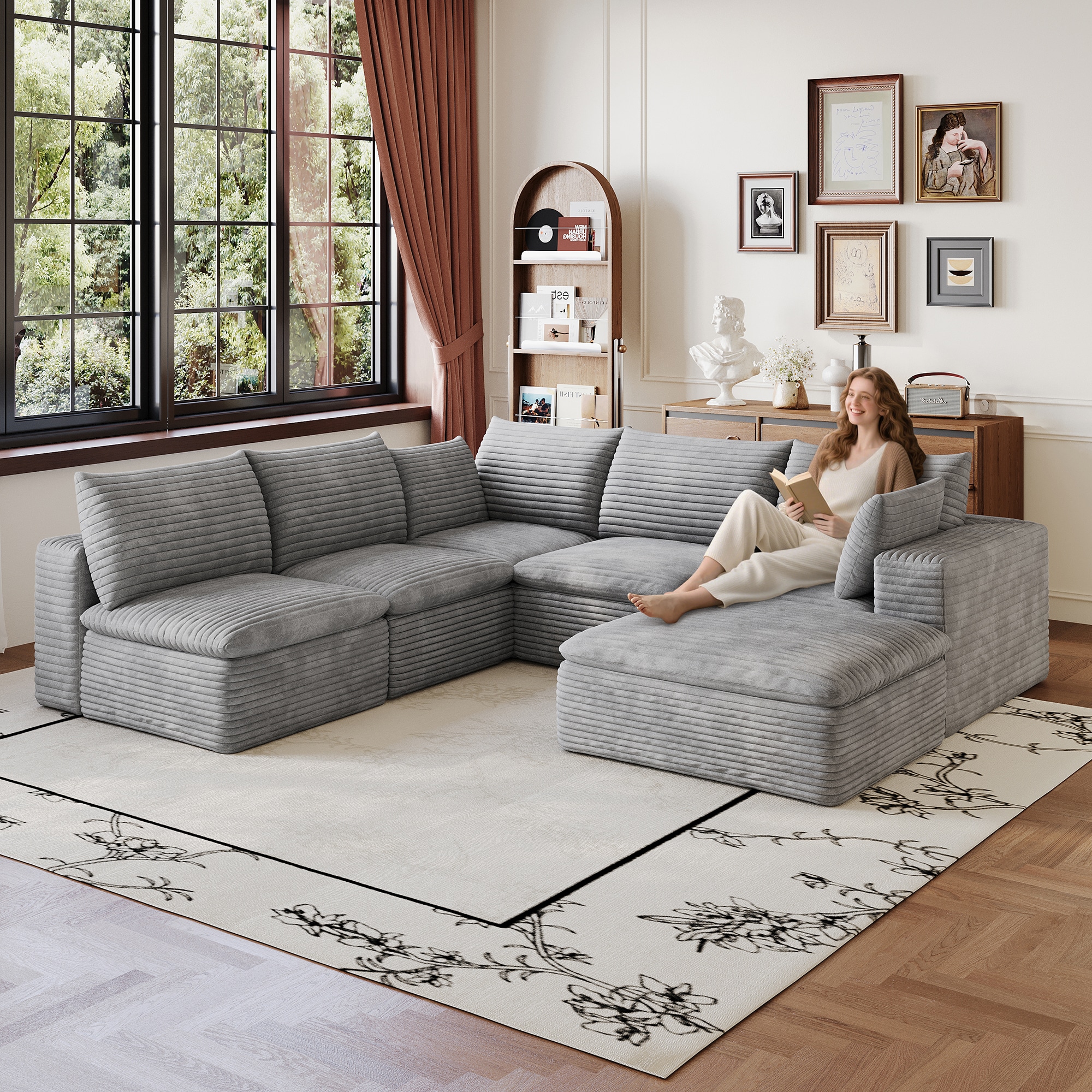 Wooakway 99in Cloud Sofa  Double-Layer Corduroy Deep Seat Couch  Removable Cushion No Assembly  Grey