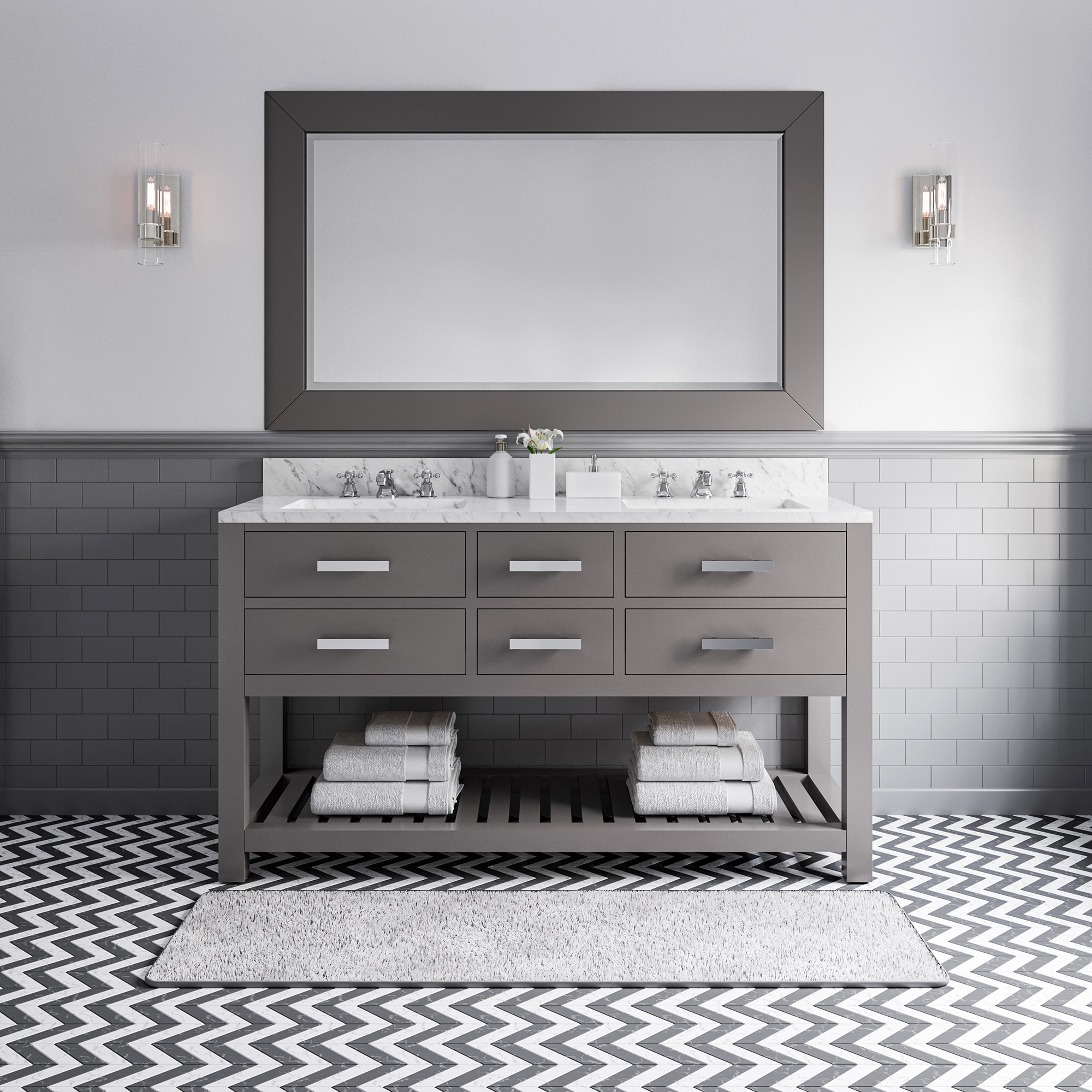 Water Creation MADALYN60GB Madalyn 60-in Cashmere grey Undermount Double sink Bathroom Vanity with Carrara white Natural marble Top (Mirror Included)