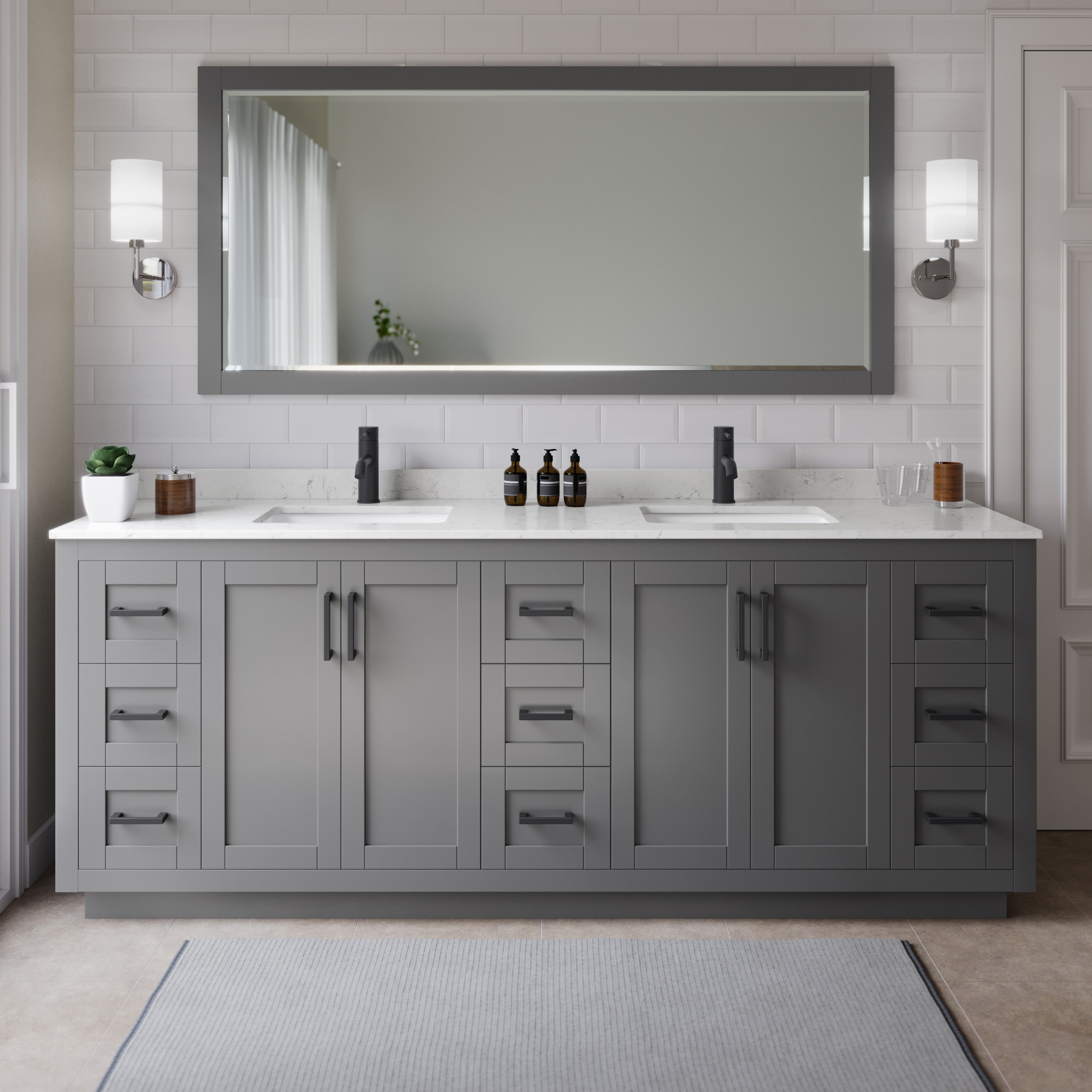 Wyndham Collection WCF292984DGBC2UNSMXX Miranda 84-in Dark Gray with Matte Black Trim Undermount Double sink Bathroom Vanity with Carrara Cultured Marble Cultured marble Top