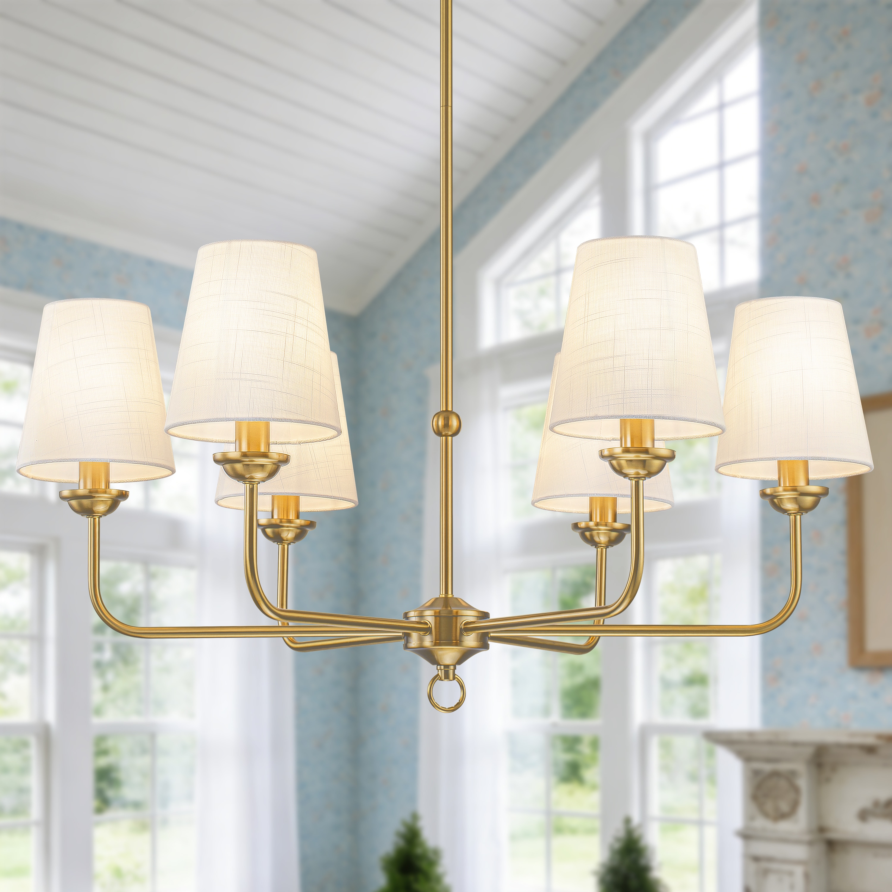 GoYeel 6-Light Modern Classic Chandelier with White Linen Shades, Gold Candle Kitchen Island Light