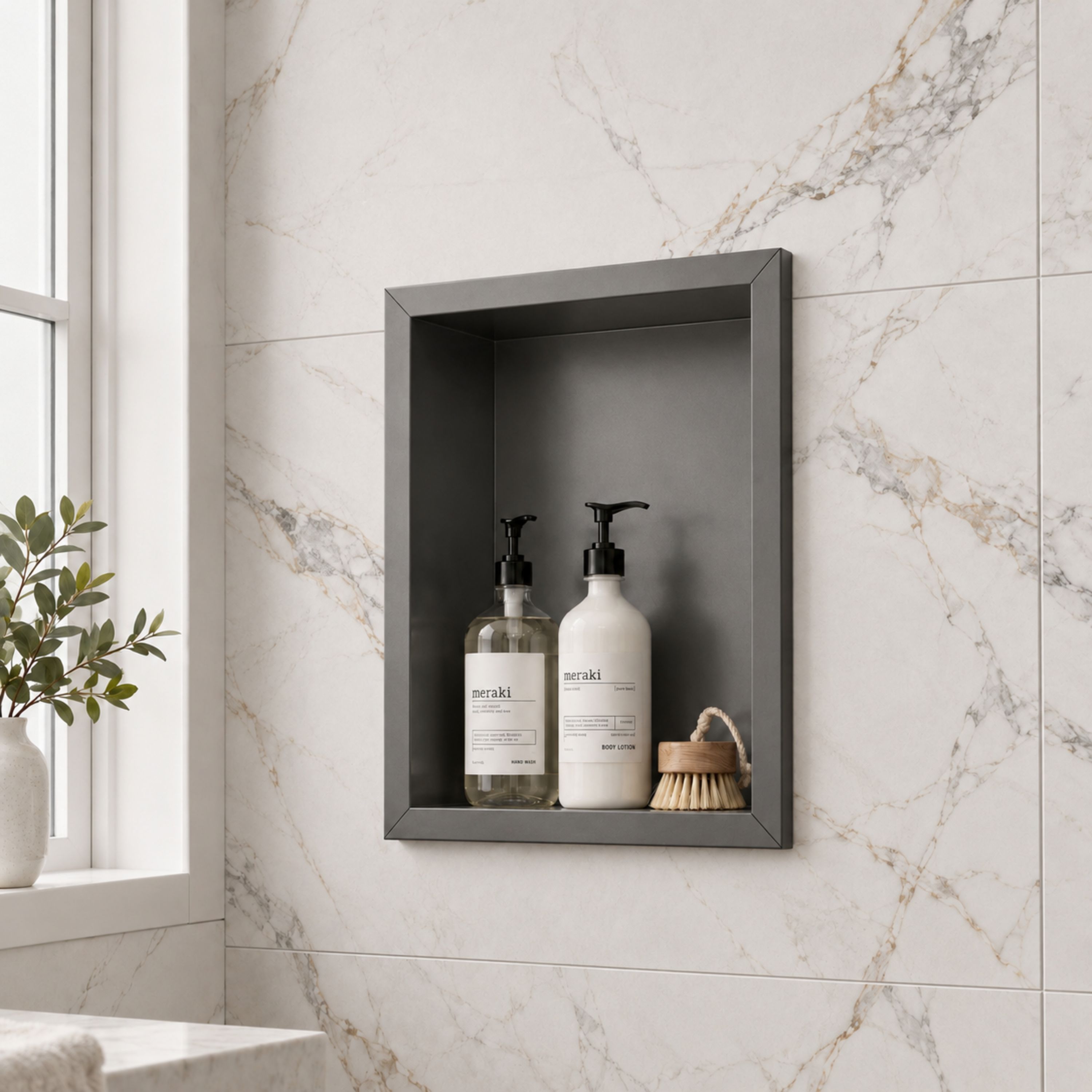 Velusian 12 in. W x 14 in. H x 4 in. D Waterproof Stainless Steel Recessed Shower Niche Space Saving Storage Shelf in Gun Gray