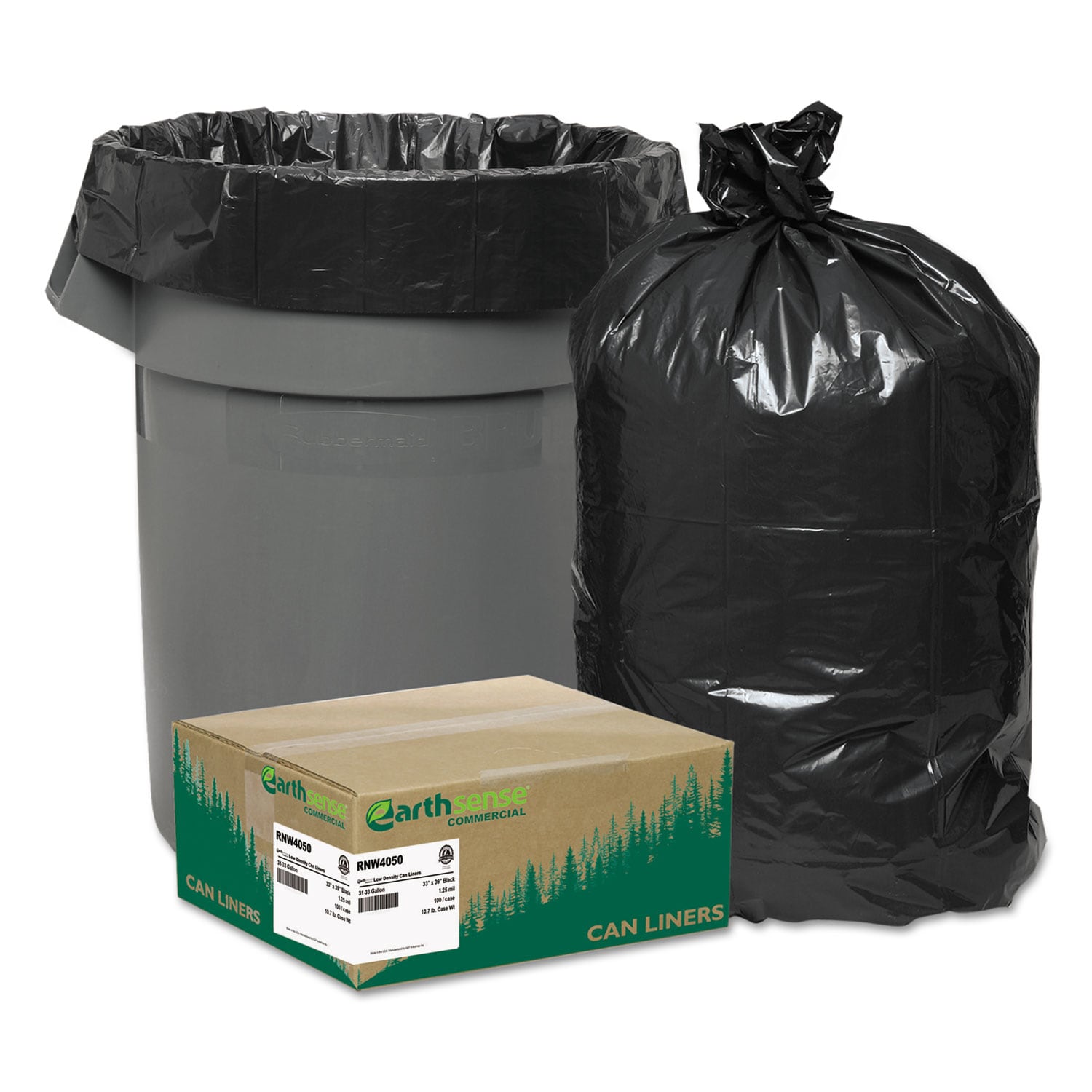 EARTHSENSE Linear Low Density Recycled Can Liners 33 Gallon 1.25 mil 33 in x 39 in Black 10 Bags/Roll 10 Rolls/Carton